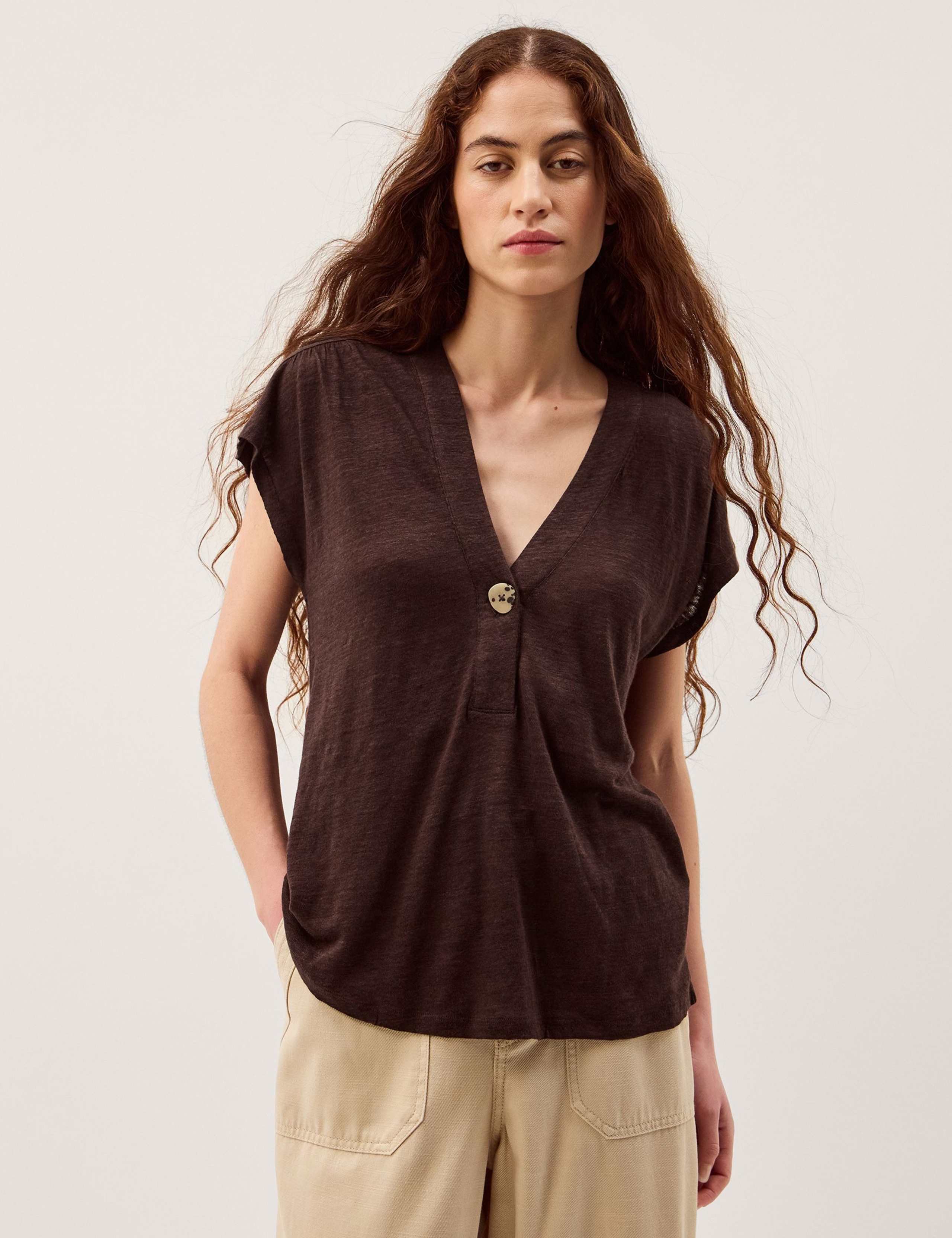 Linen Rich V-Neck Button Detail T-Shirt 1 of 5