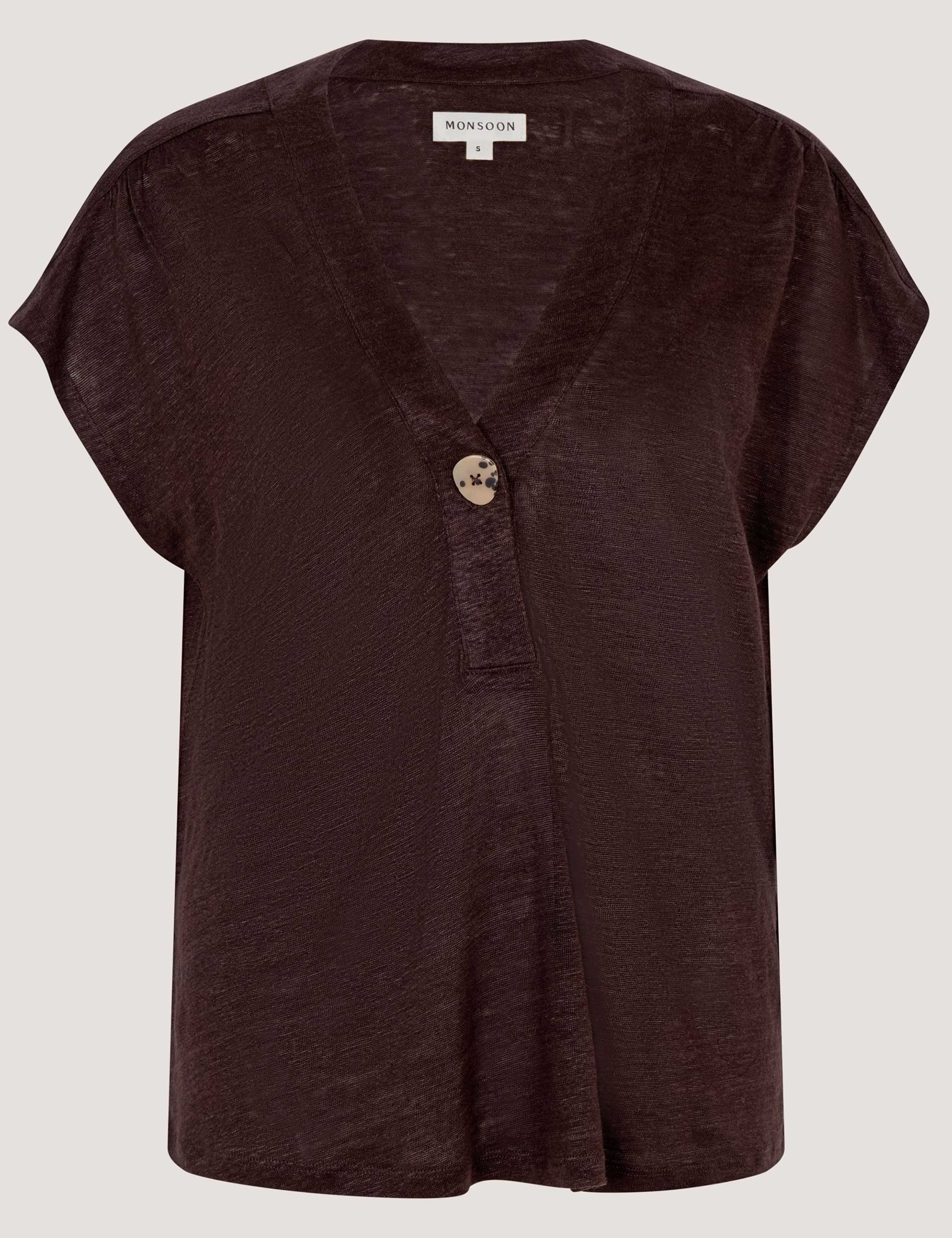 Linen Rich V-Neck Button Detail T-Shirt 2 of 5