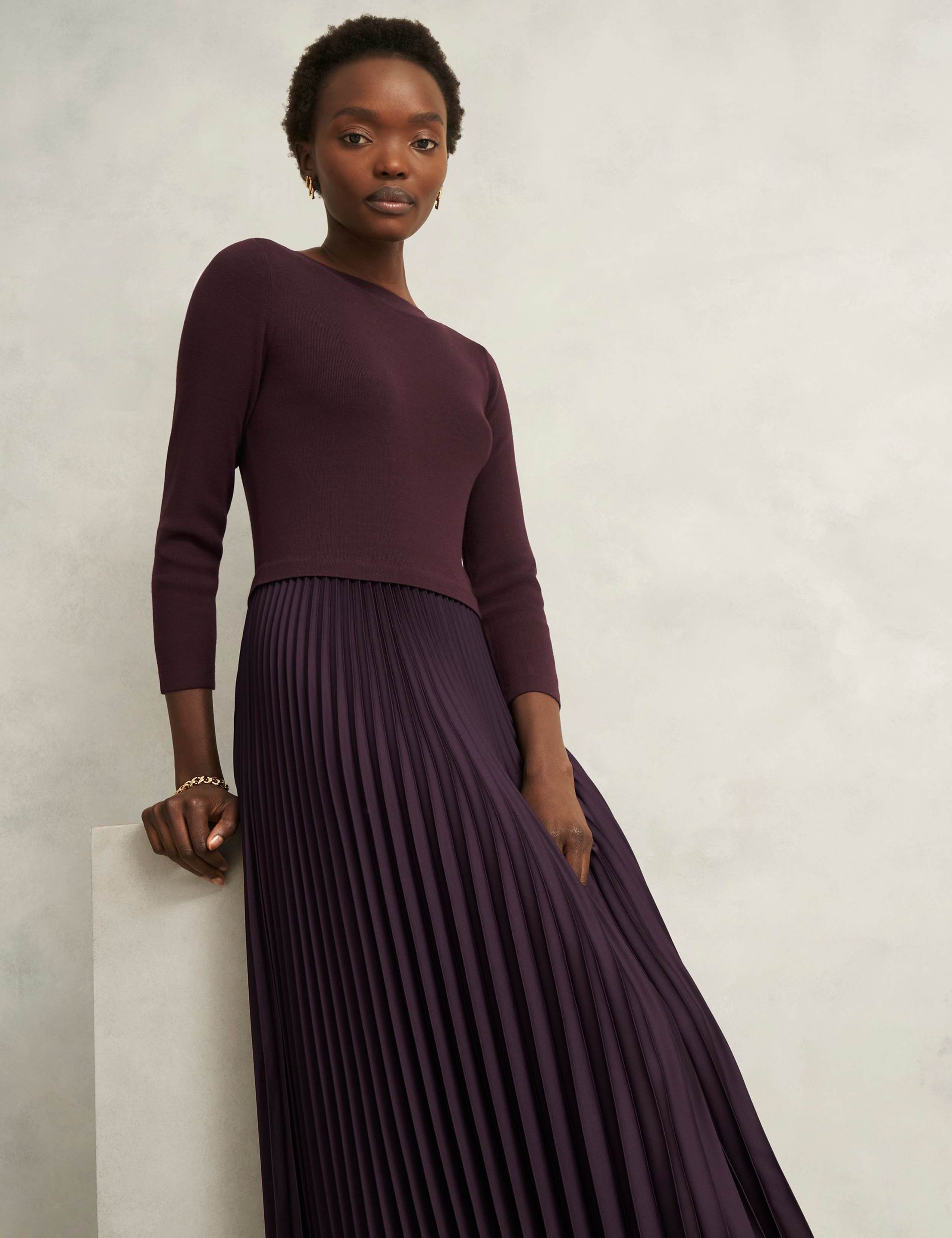 Knitted Satin Pleated Midi Skater Dress 3 of 6