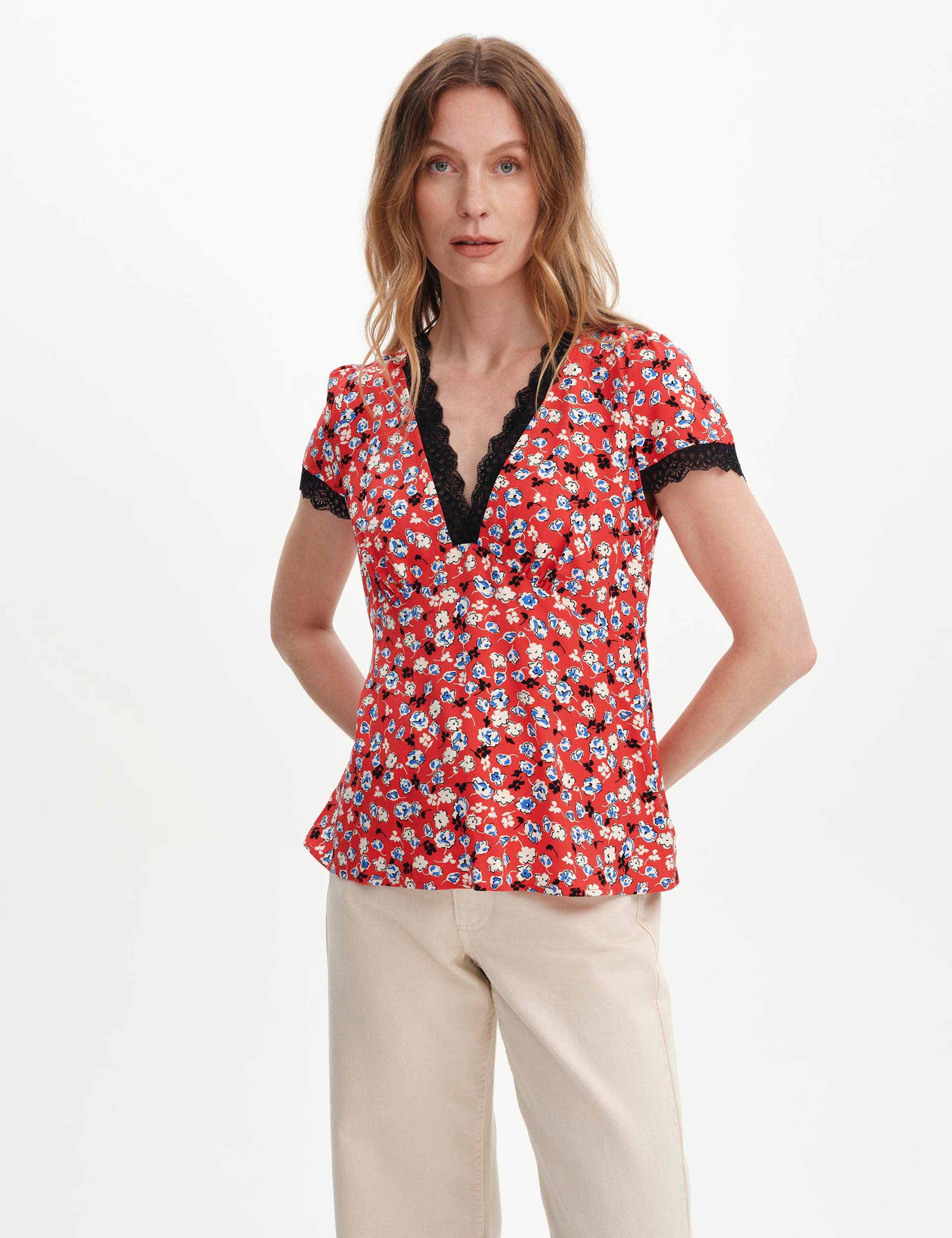 Floral Lace Trim V-Neck Top 1 of 6