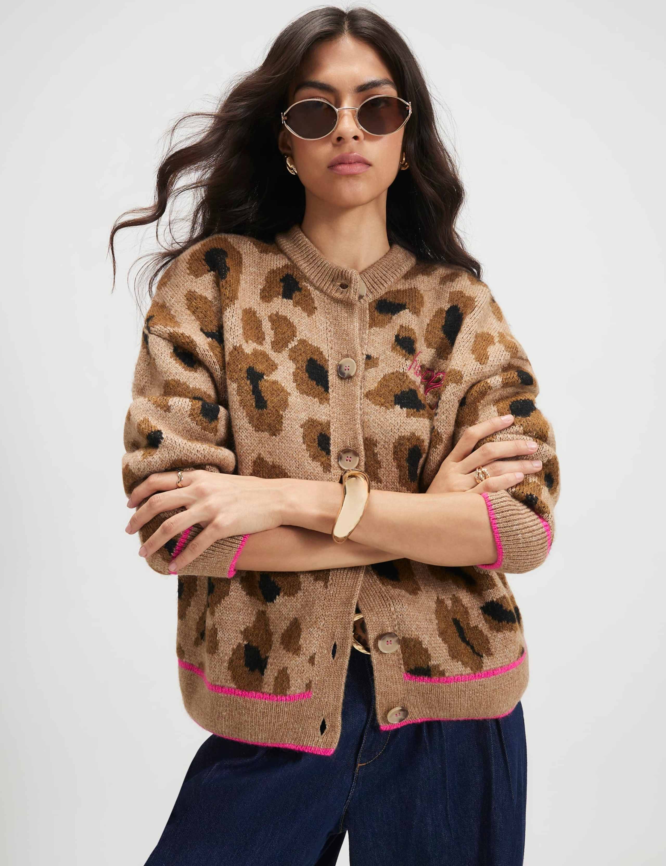 Animal Print Smiley Face Crew Neck Cardigan 3 of 5