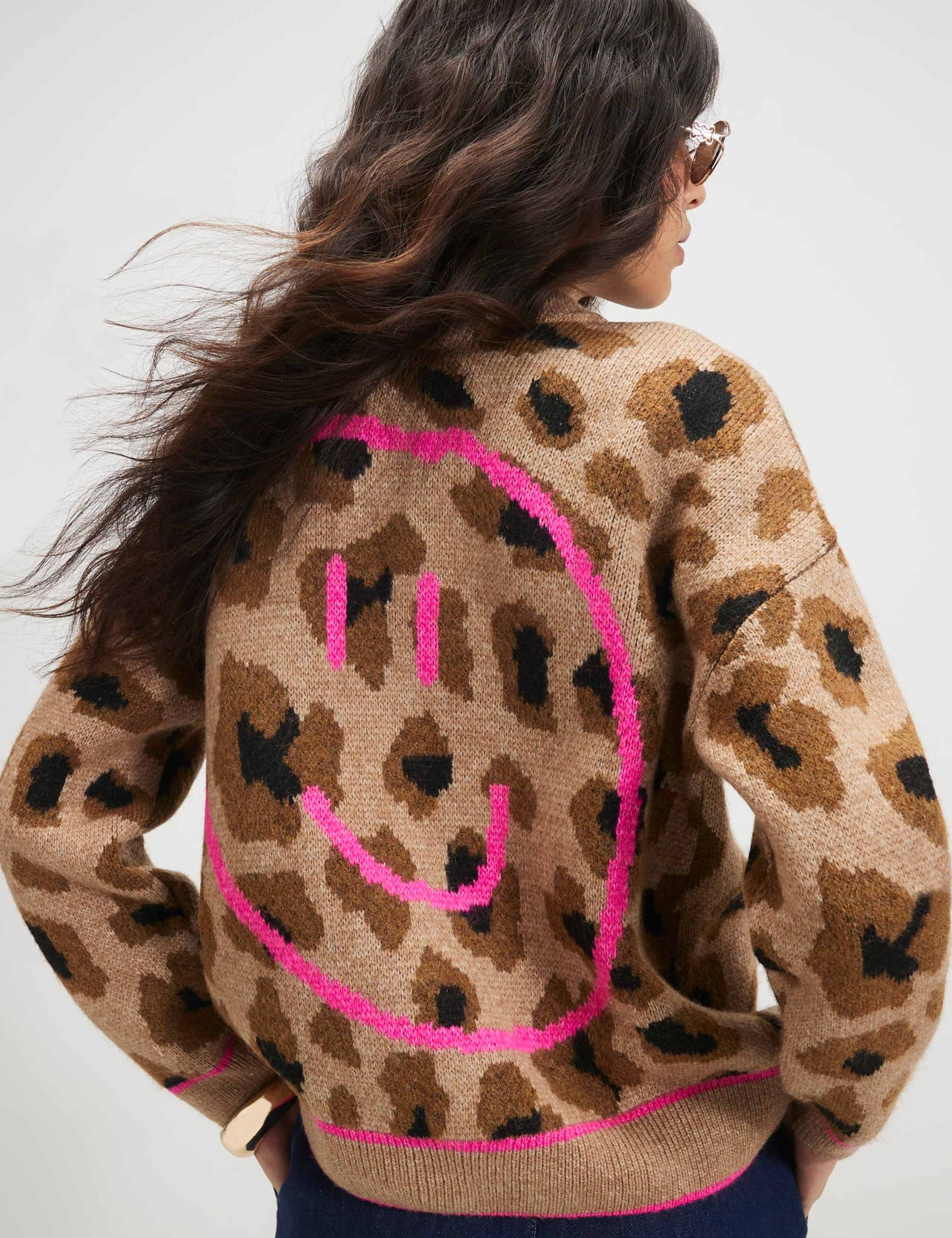 Animal Print Smiley Face Crew Neck Cardigan 4 of 5