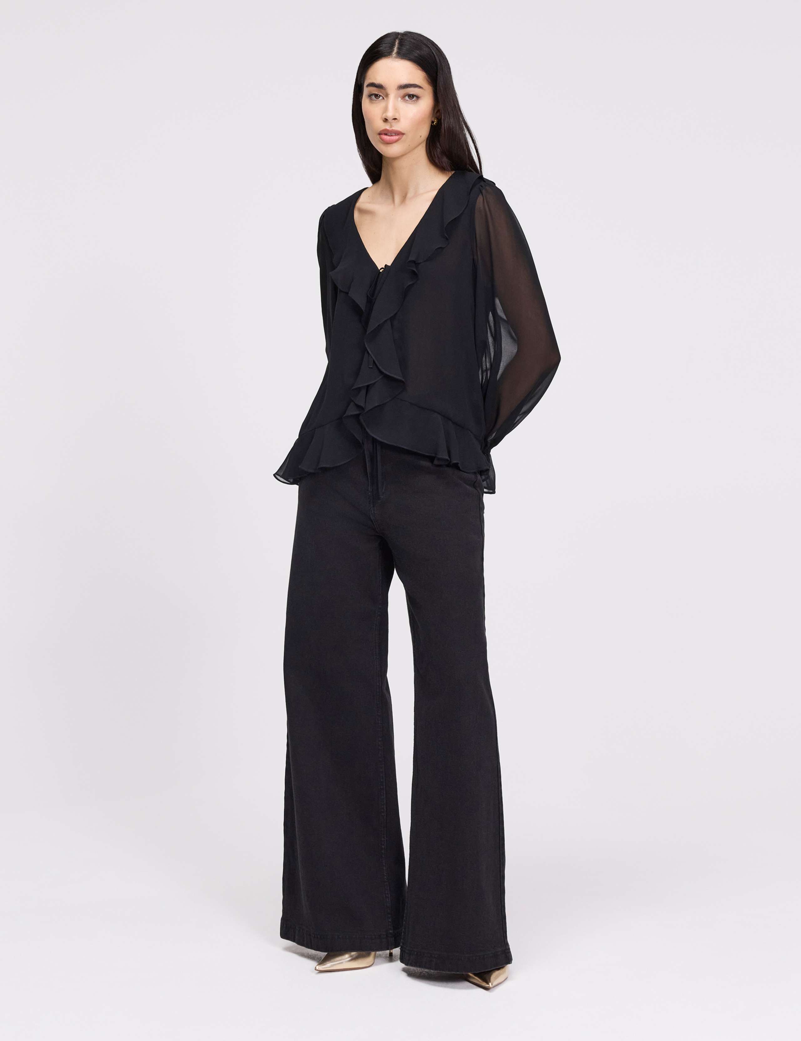 Chiffon V-Neck Ruffle Tie Front Blouse 2 of 8