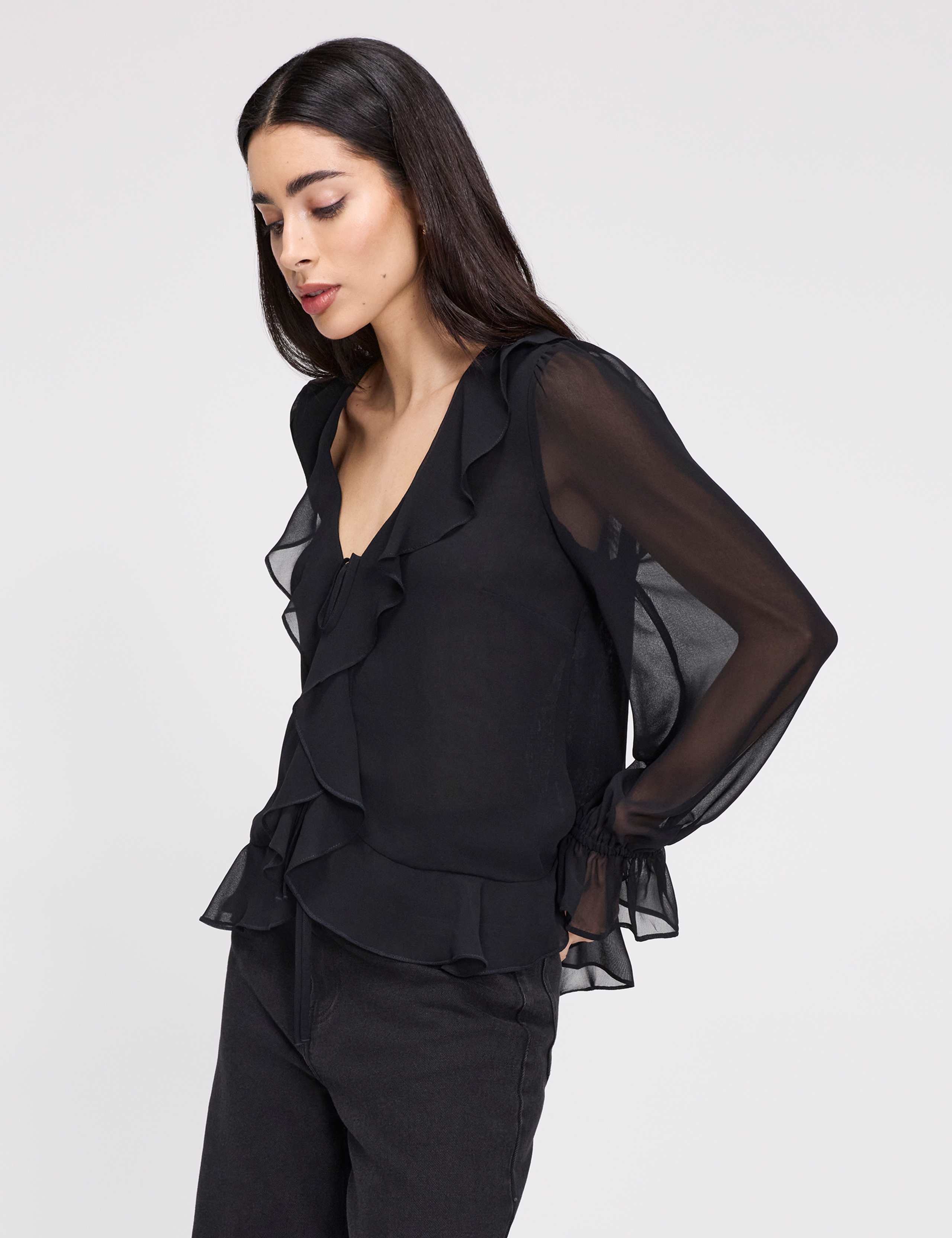 Chiffon V-Neck Ruffle Tie Front Blouse 3 of 8