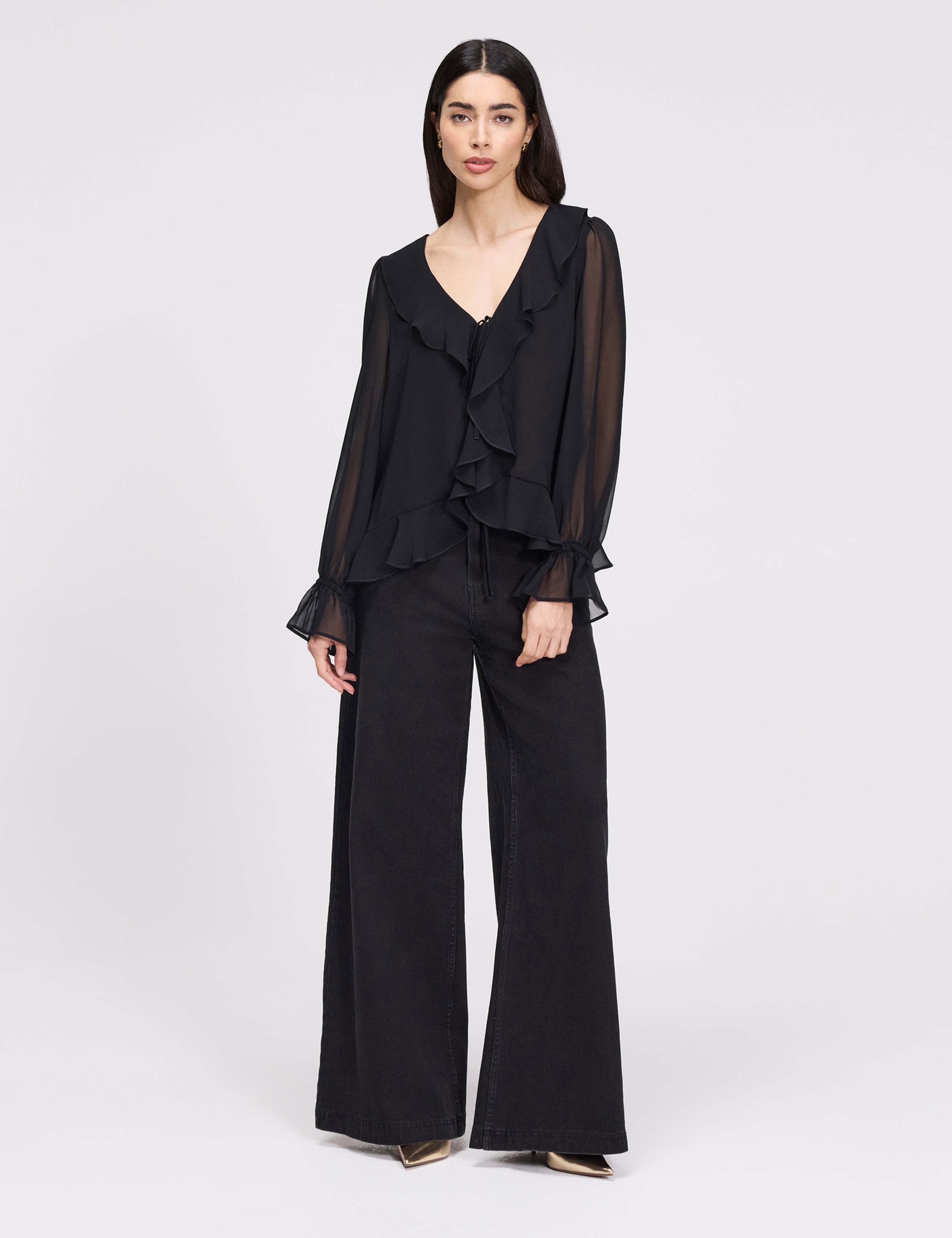 Chiffon V-Neck Ruffle Tie Front Blouse 6 of 8