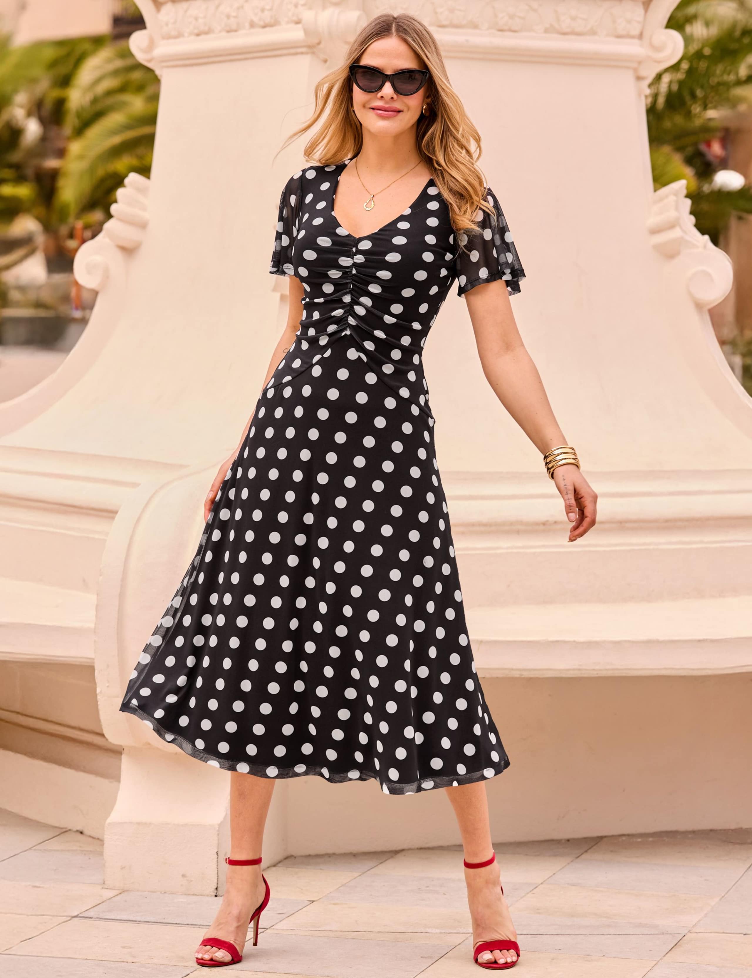 Mesh Polka Dot V-Neck Midi Skater Dress 2 of 5