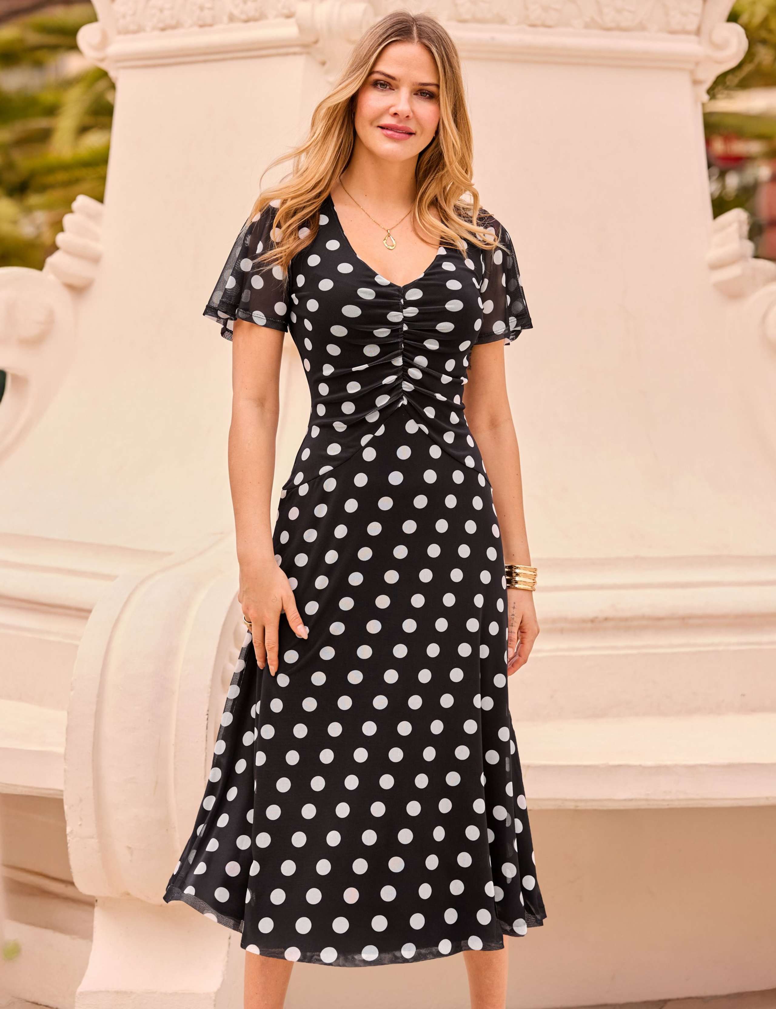 Mesh Polka Dot V-Neck Midi Skater Dress 4 of 5