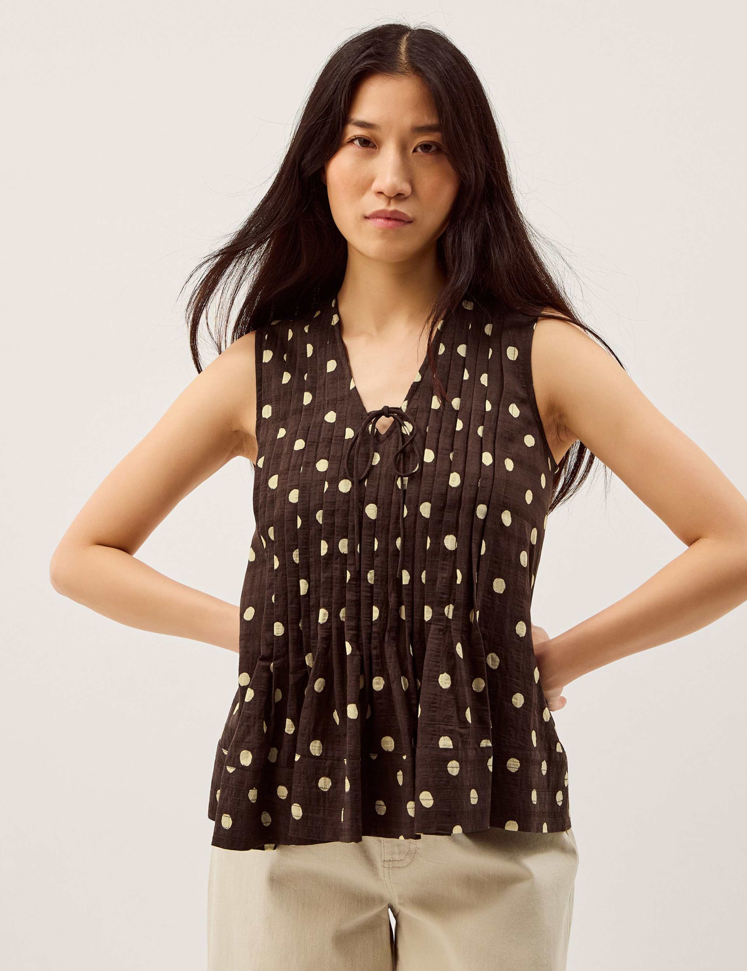 Lyocell Blend Polka Dot Tie Neck Top 1 of 5