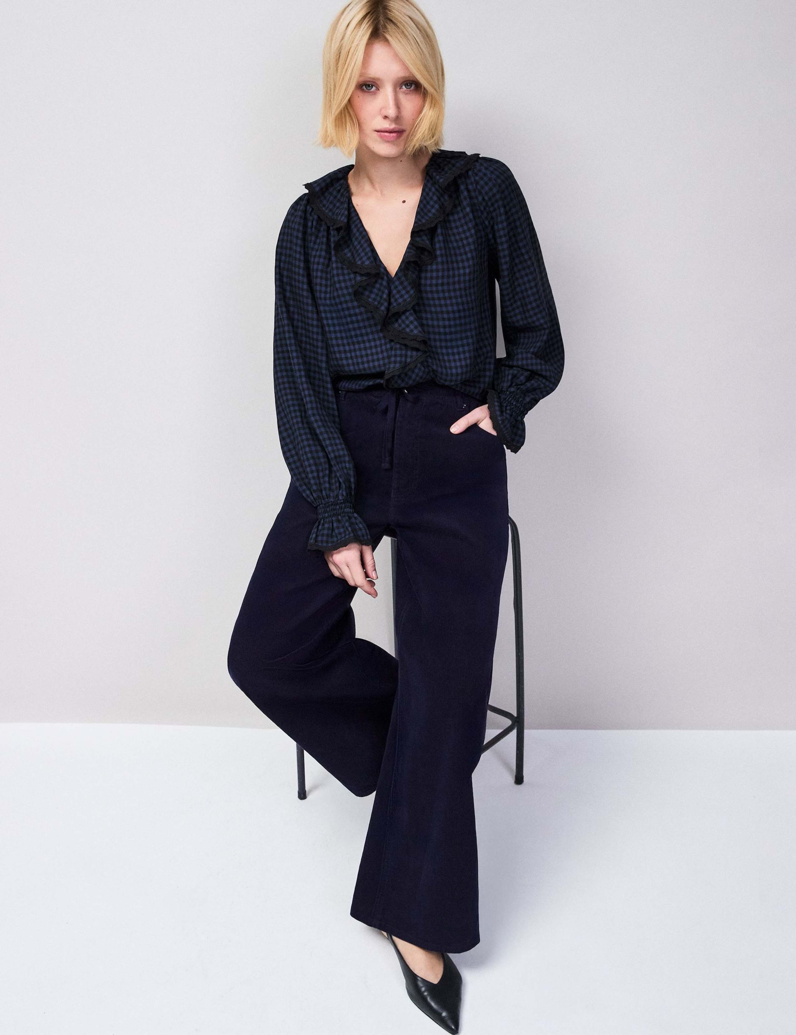 Checked V-Neck Ruffle Blouse 1 of 5