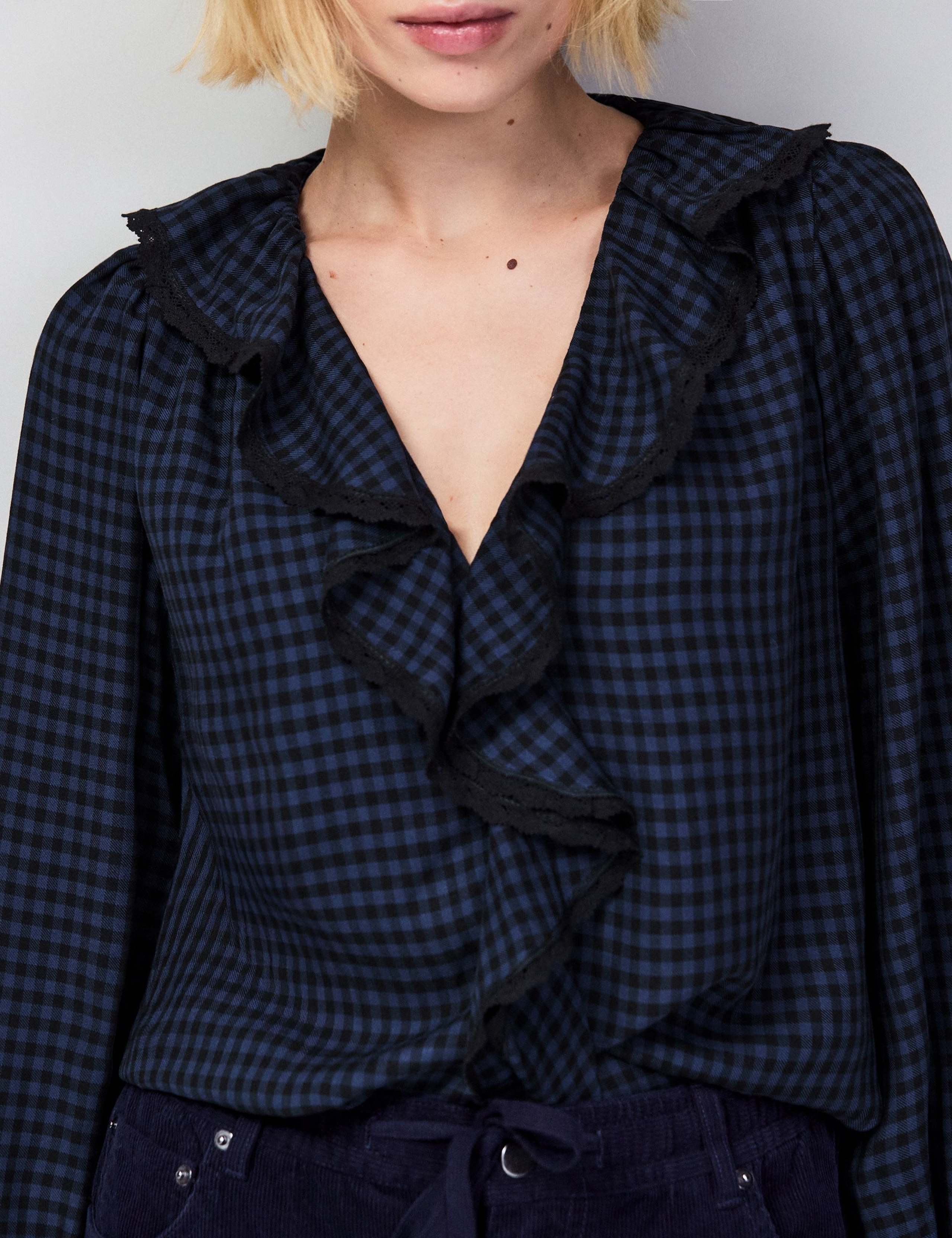 Checked V-Neck Ruffle Blouse 4 of 5