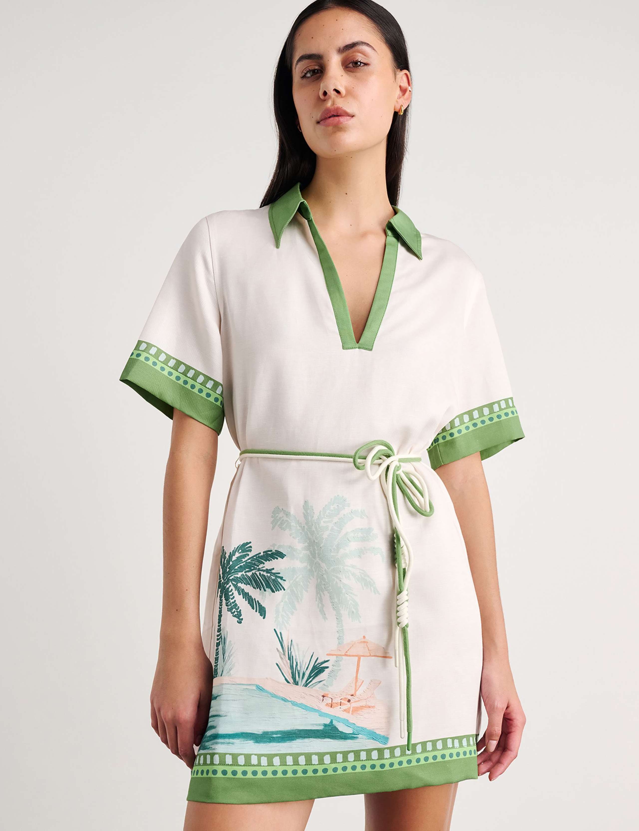 Linen Blend Printed Belted Mini Shirt Dress 3 of 5