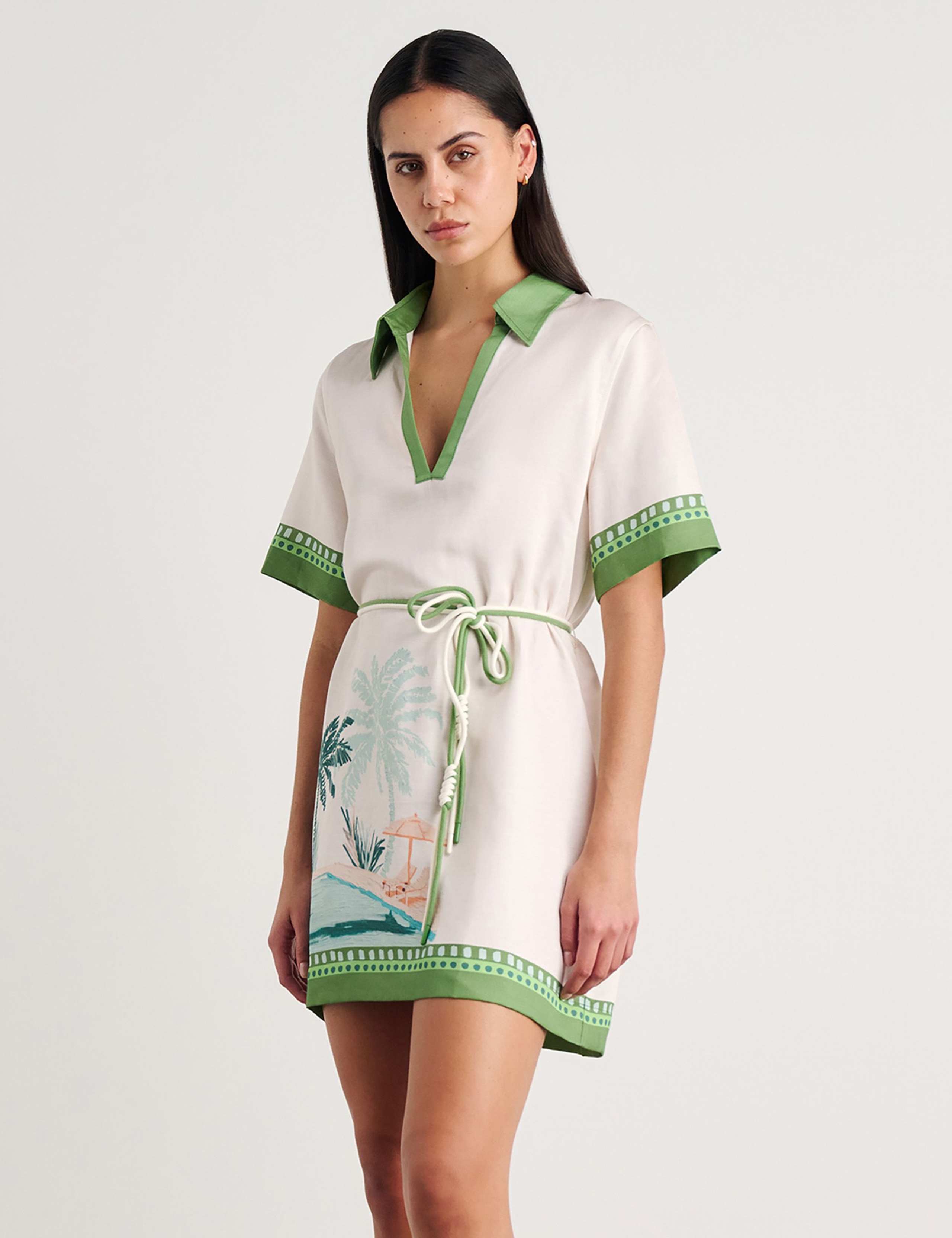 Linen Blend Printed Belted Mini Shirt Dress 4 of 5