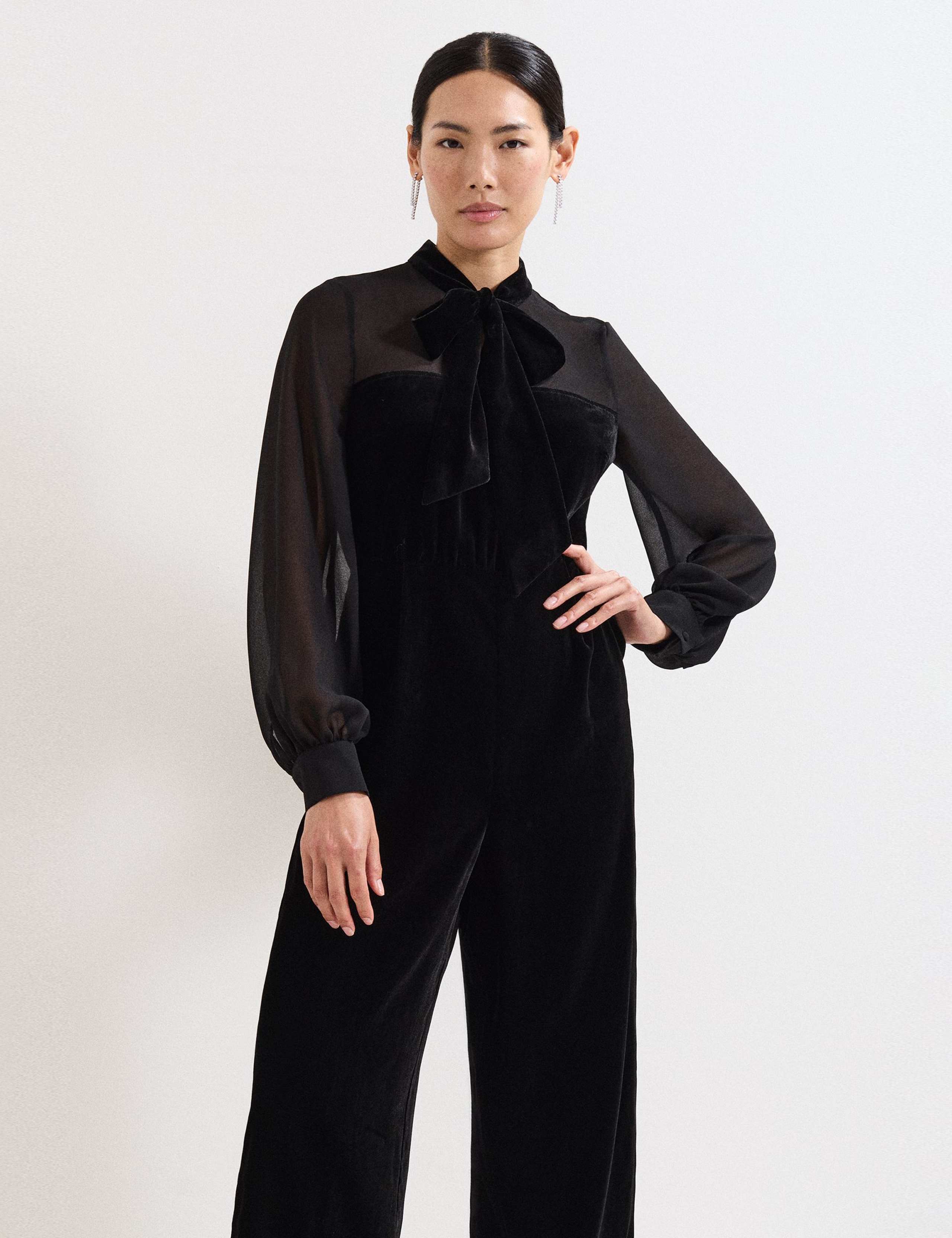 Velvet Tie Neck Wide Leg Jumpsuit 3 of 5