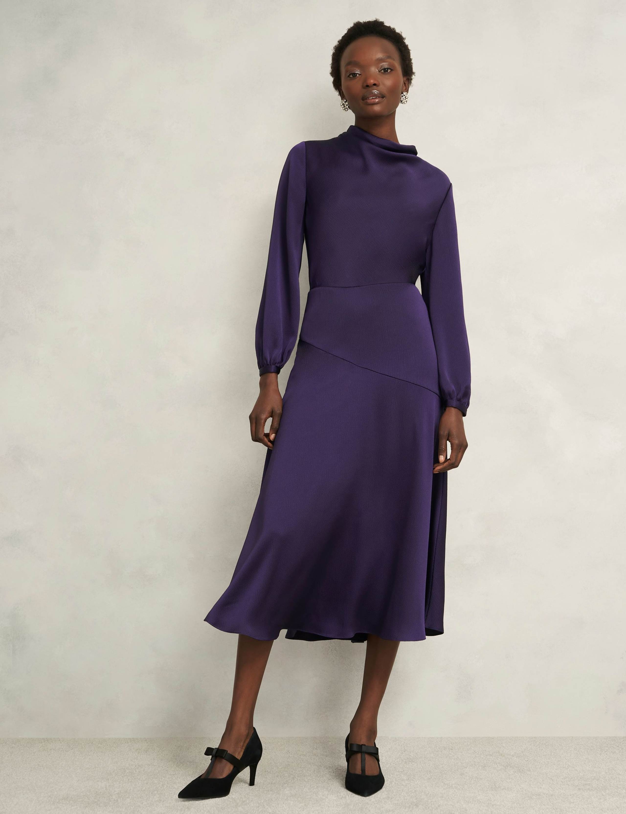 Satin Cowl Neck Midi Skater Dress 1 of 7