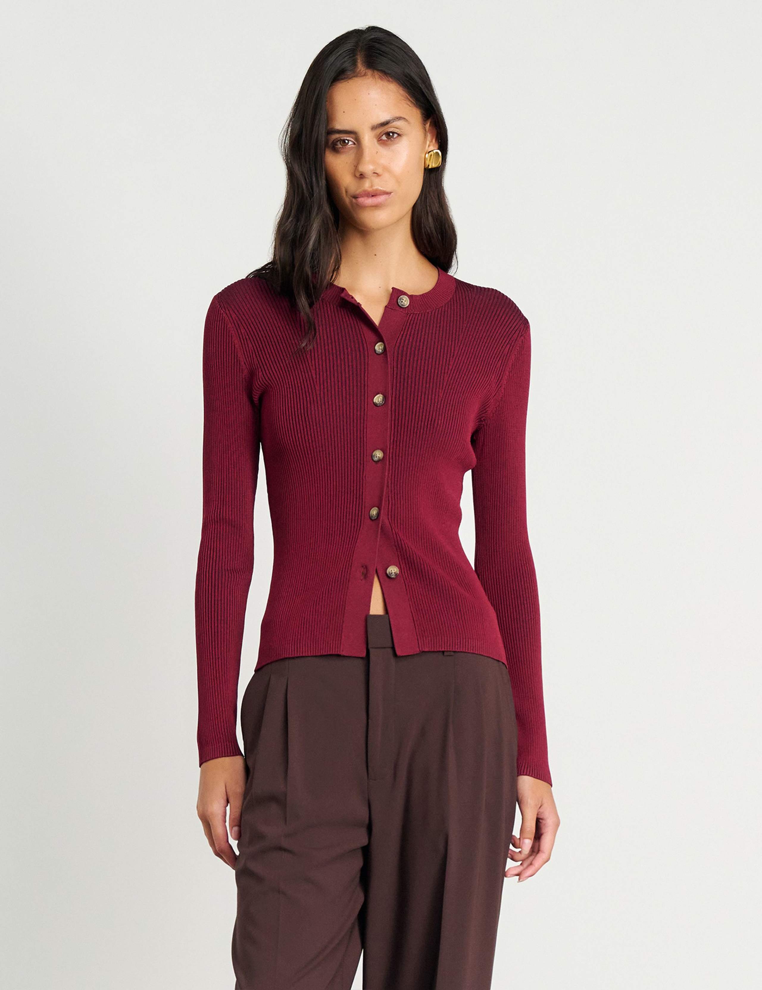 Ribbed Crew Neck Button Front Fitted Cardigan 1 of 5