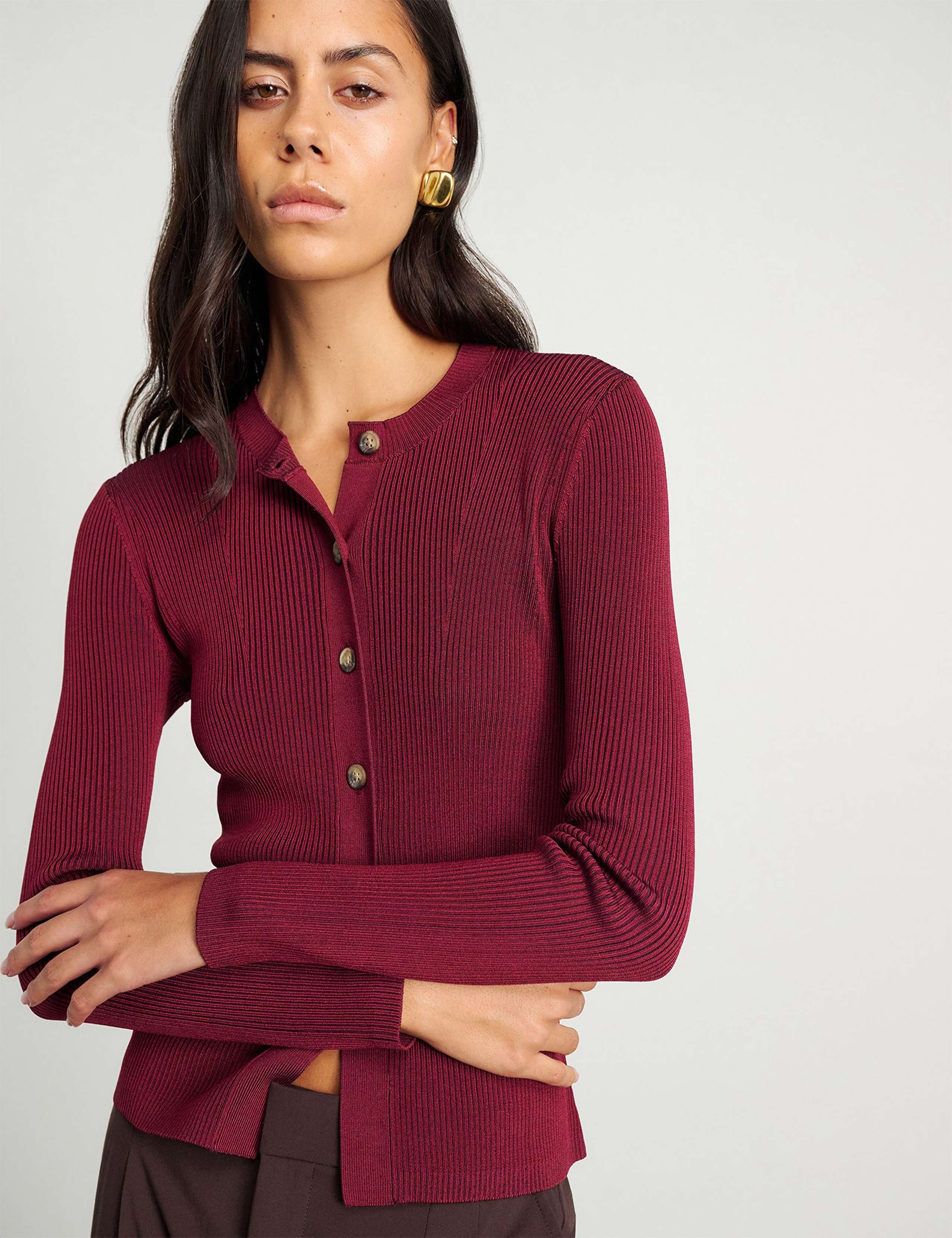 Ribbed Crew Neck Button Front Fitted Cardigan 3 of 5