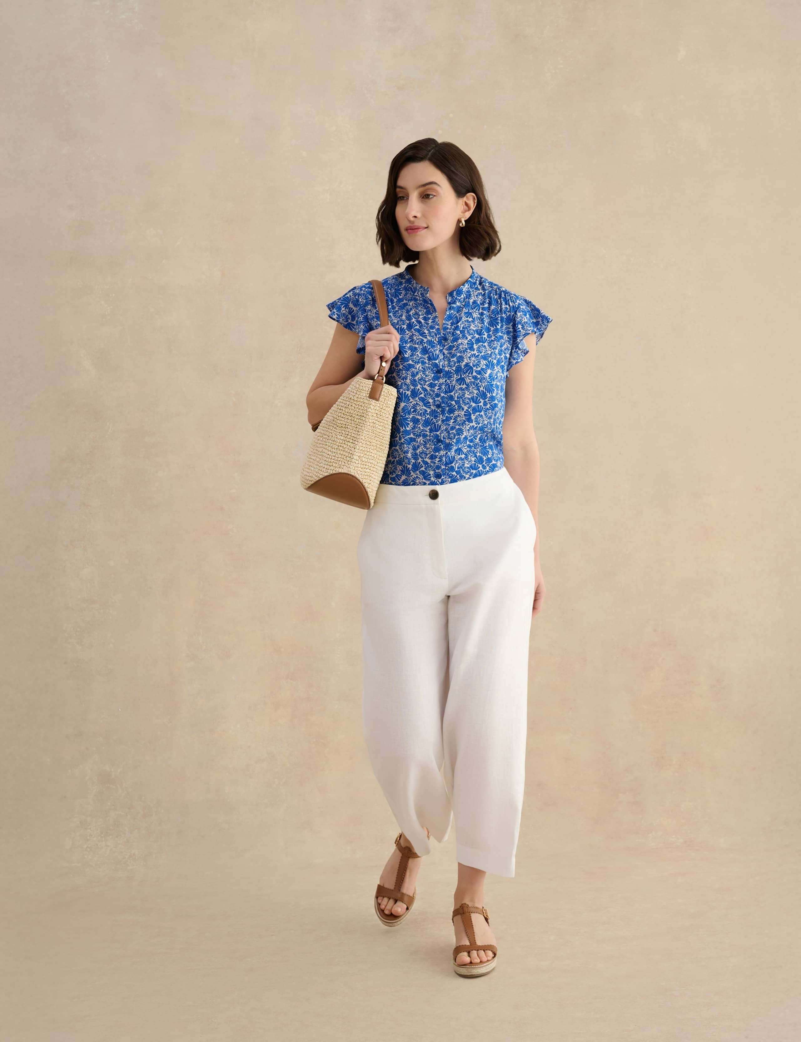 Printed Collarless Angel Sleeve Blouse 1 of 6