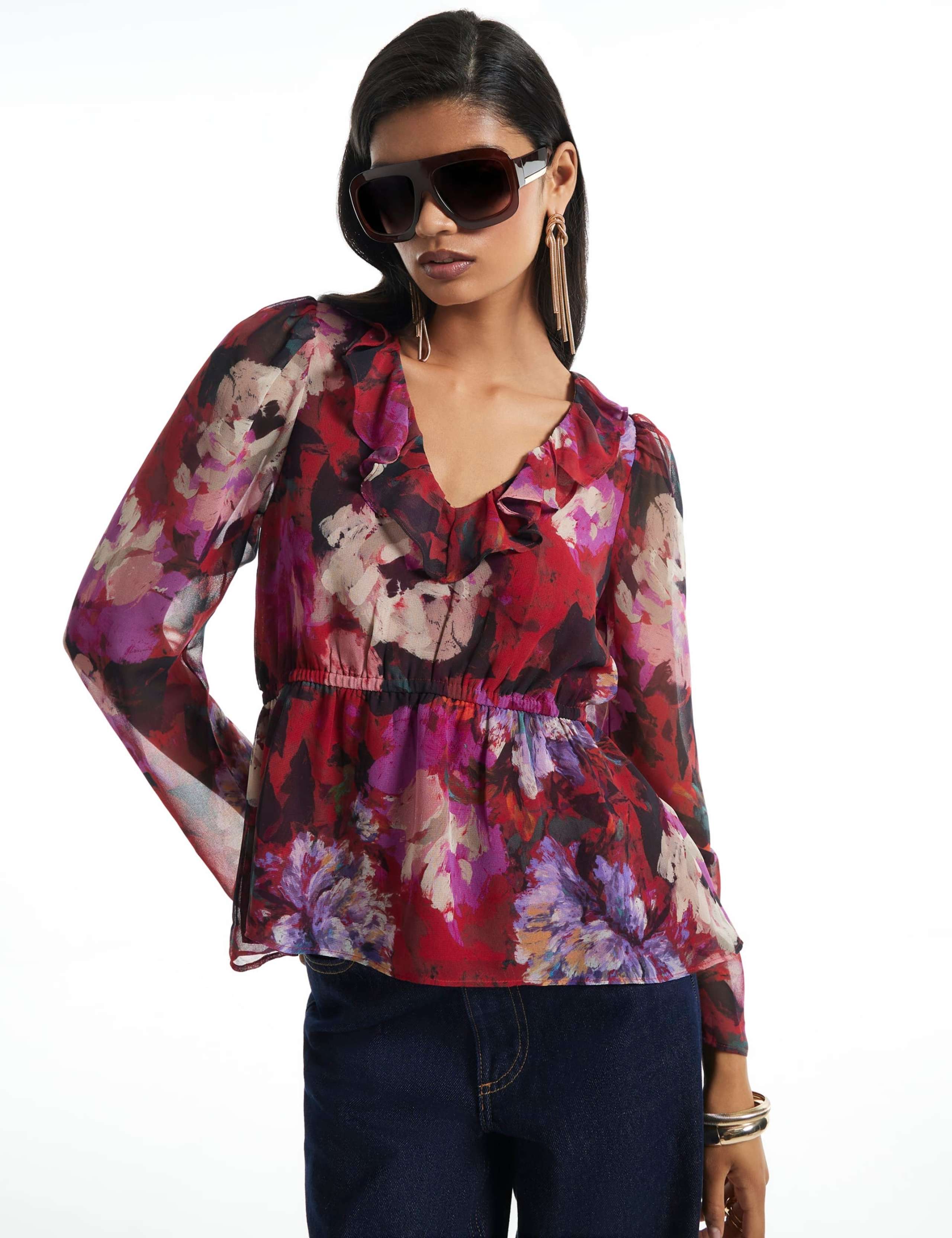 Floral Ruffle V Neck Blouse 3 of 3