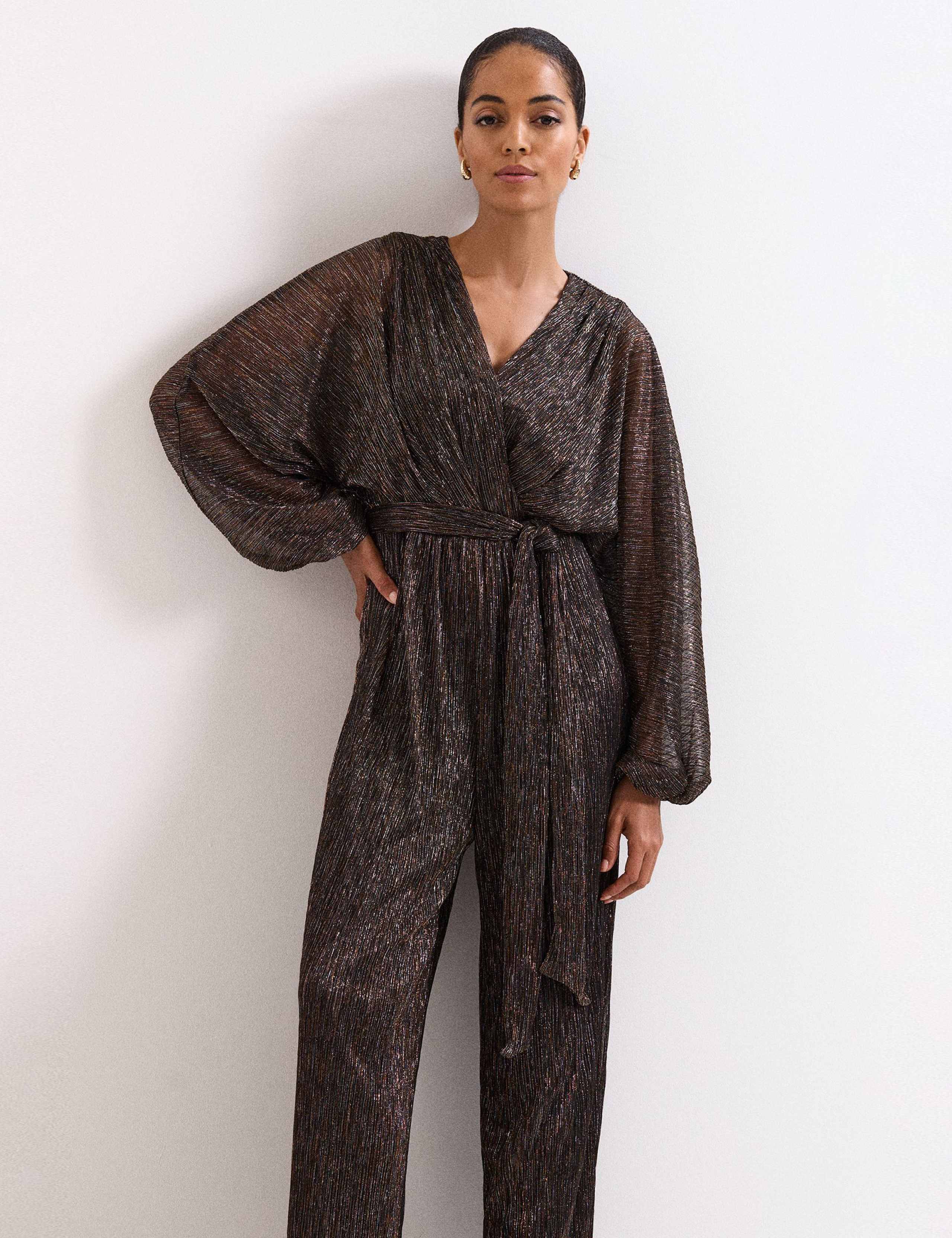 Striped Belted Long Sleeve Wrap Jumpsuit 3 of 7