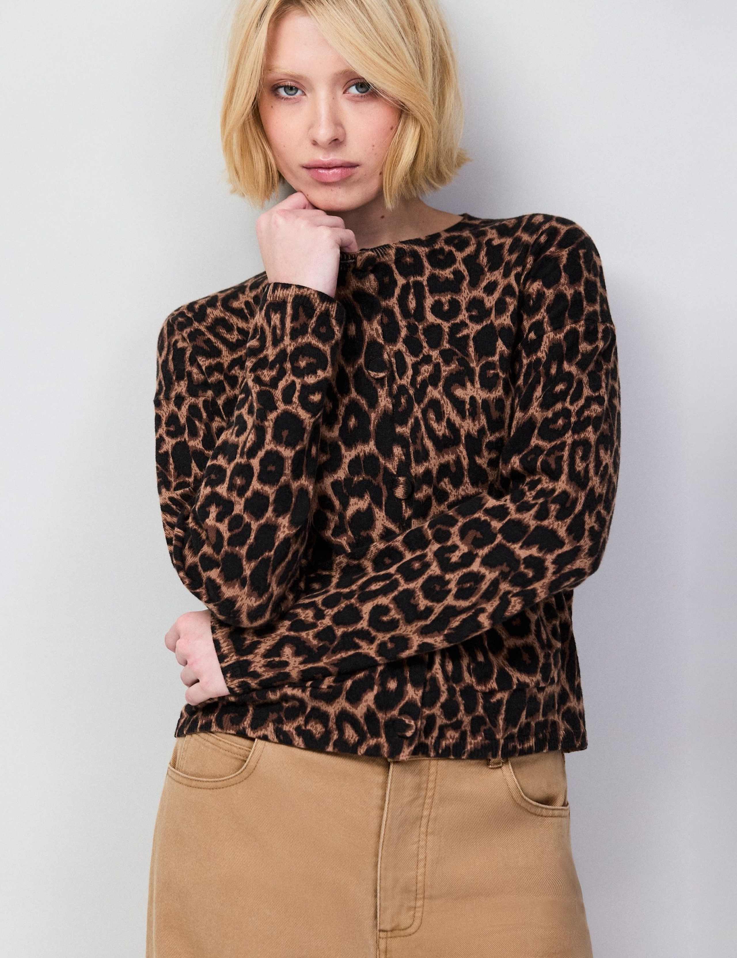 Cotton Rich Leopard Print Cardigan with Cashmere 2 of 5