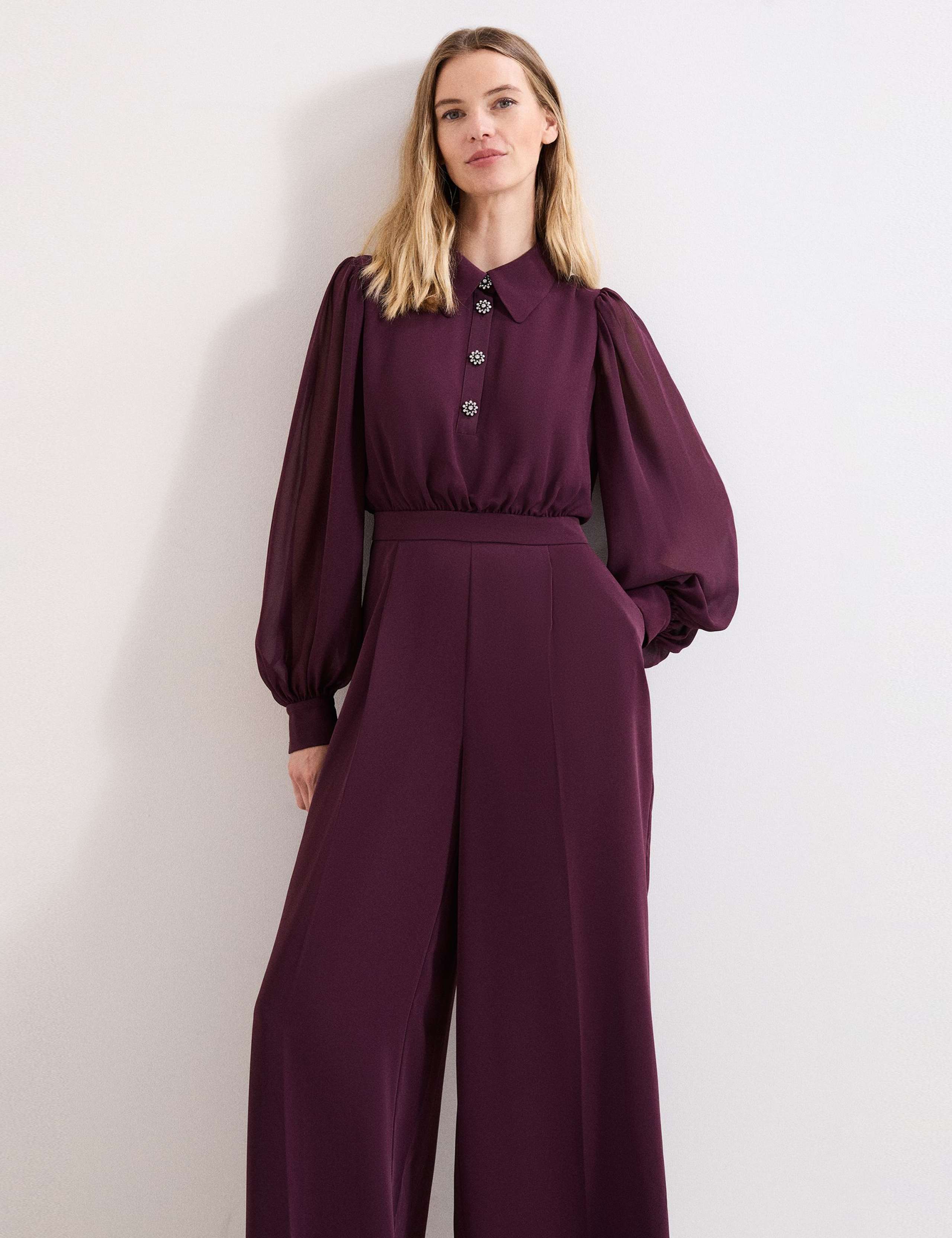 Button Front Long Sleeve Wide Leg Jumpsuit 4 of 8