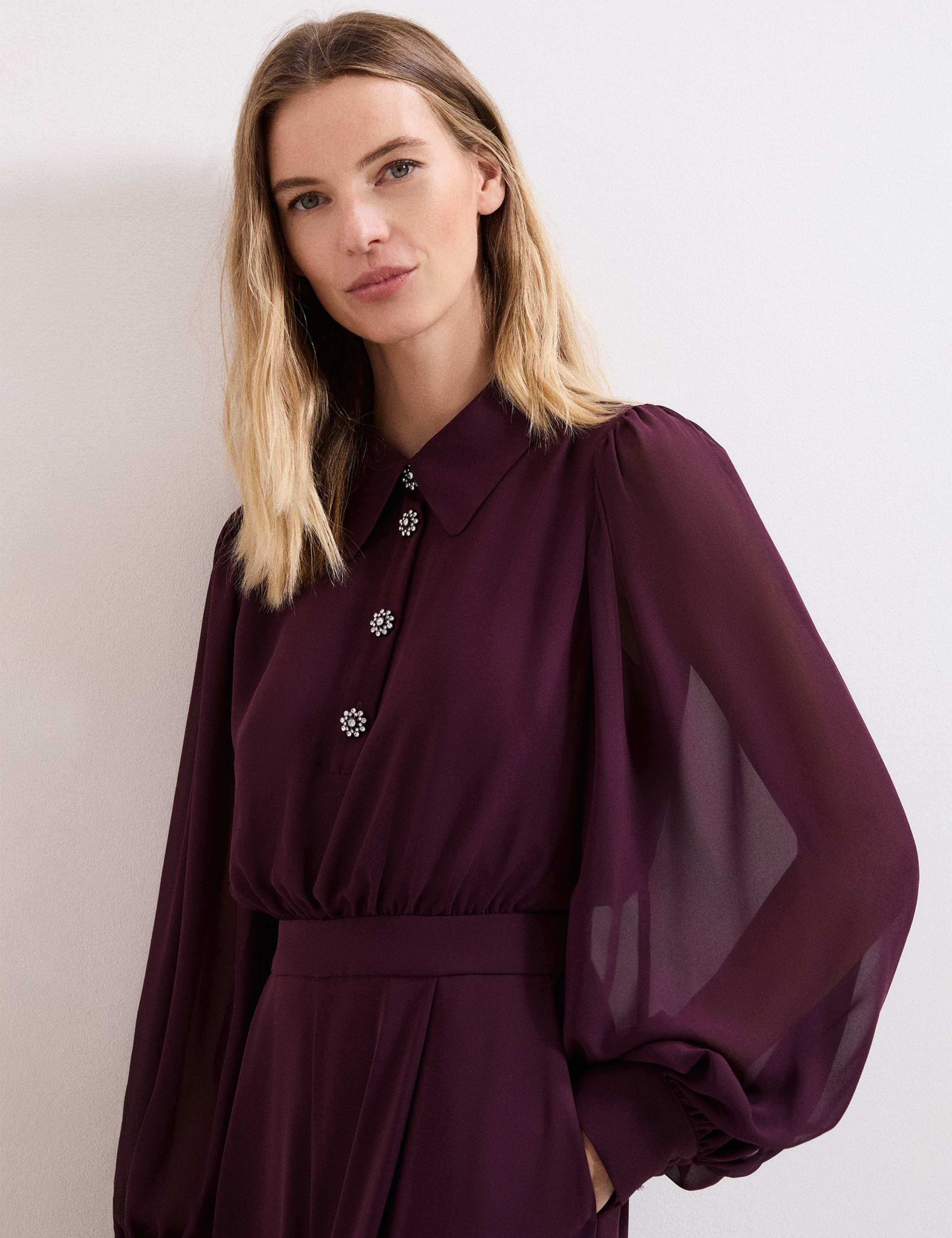 Button Front Long Sleeve Wide Leg Jumpsuit 5 of 8