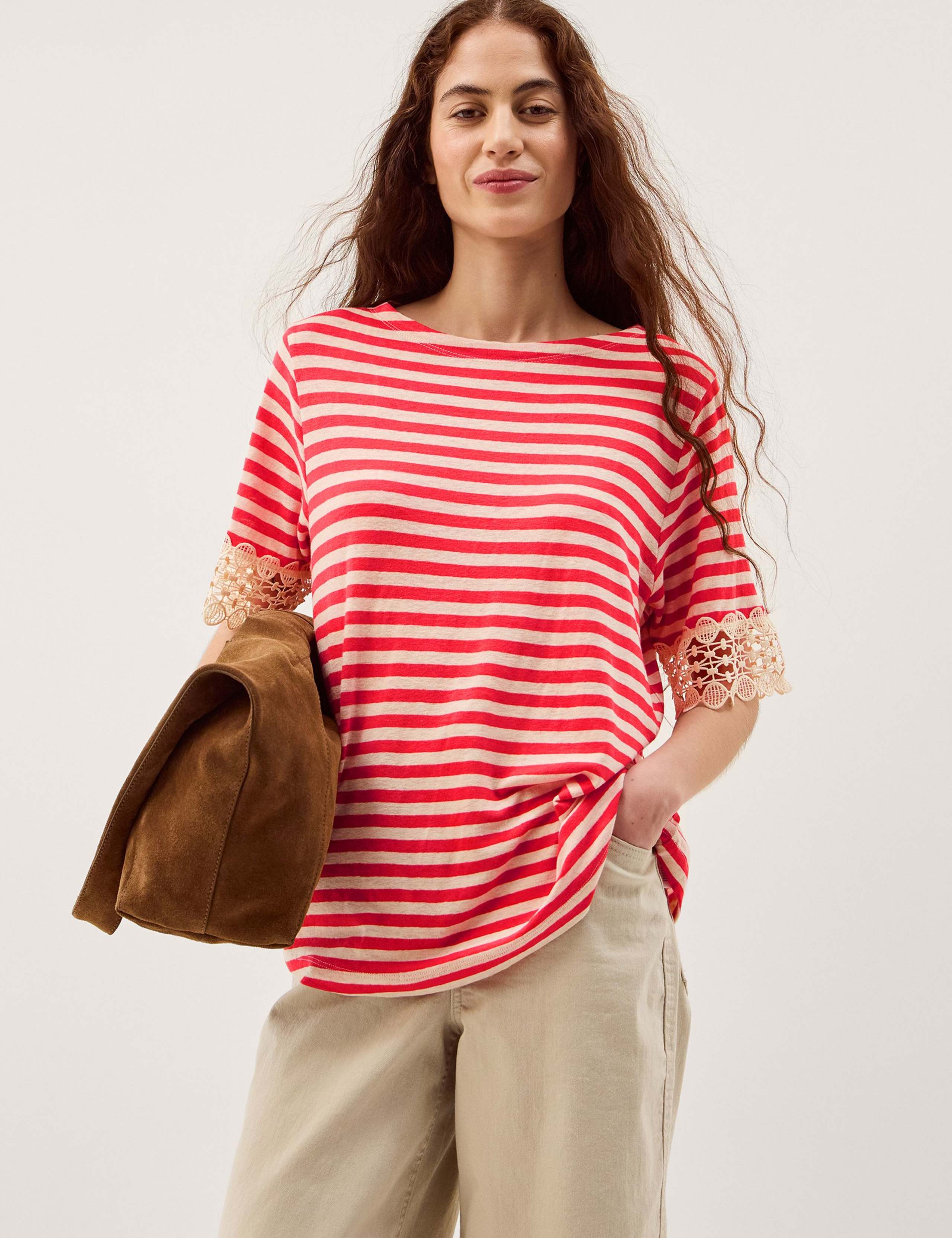 Linen Rich Striped Lace Trim T-Shirt 1 of 5