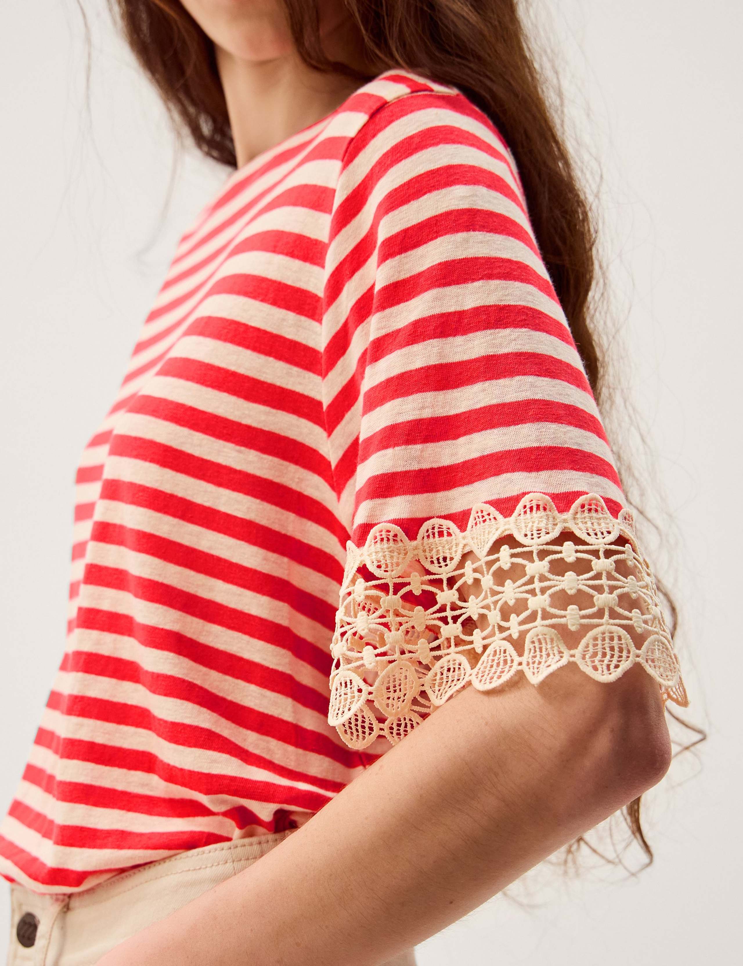 Linen Rich Striped Lace Trim T-Shirt 5 of 5