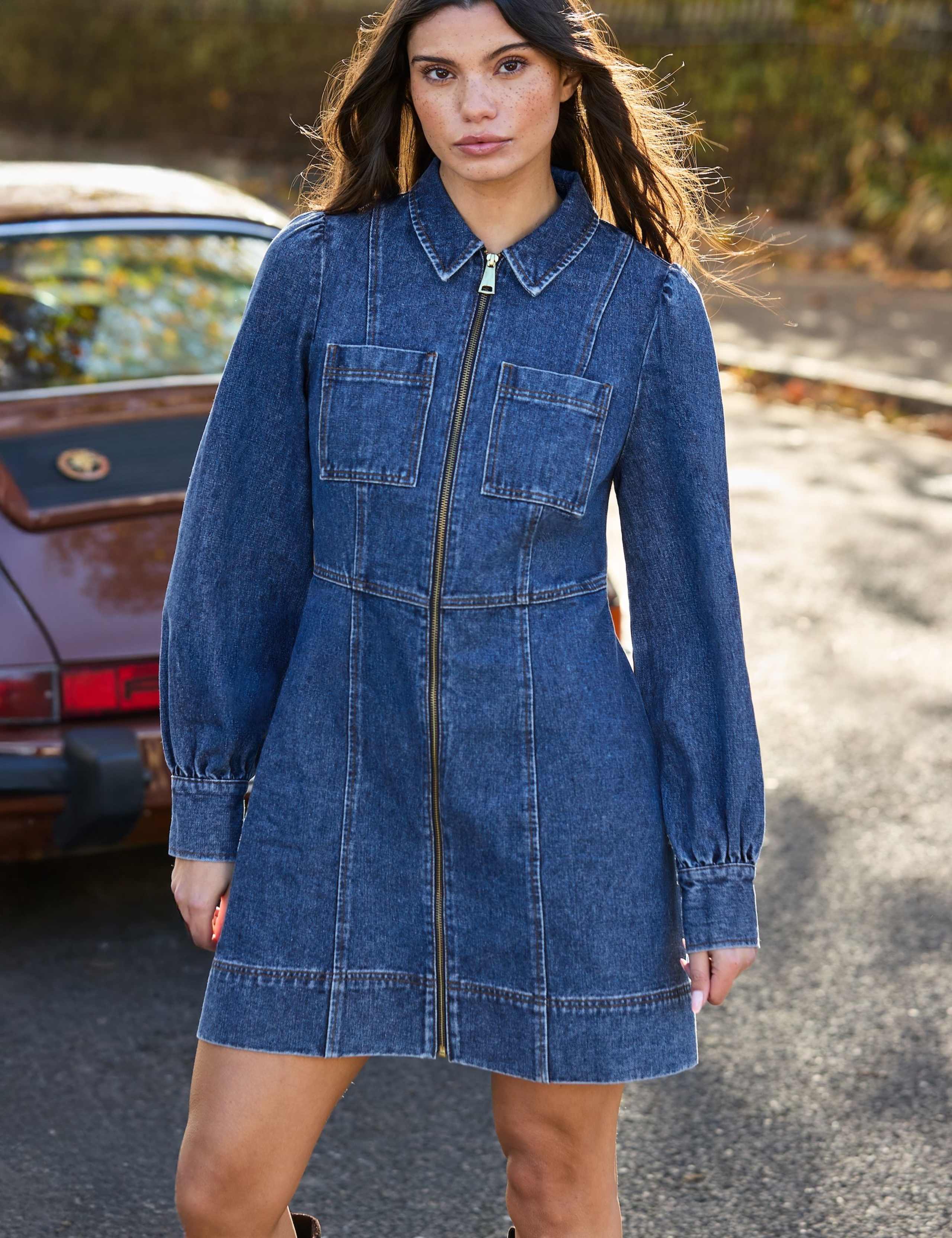 Pure Cotton Denim Zip Up Mini Waisted Dress 2 of 7