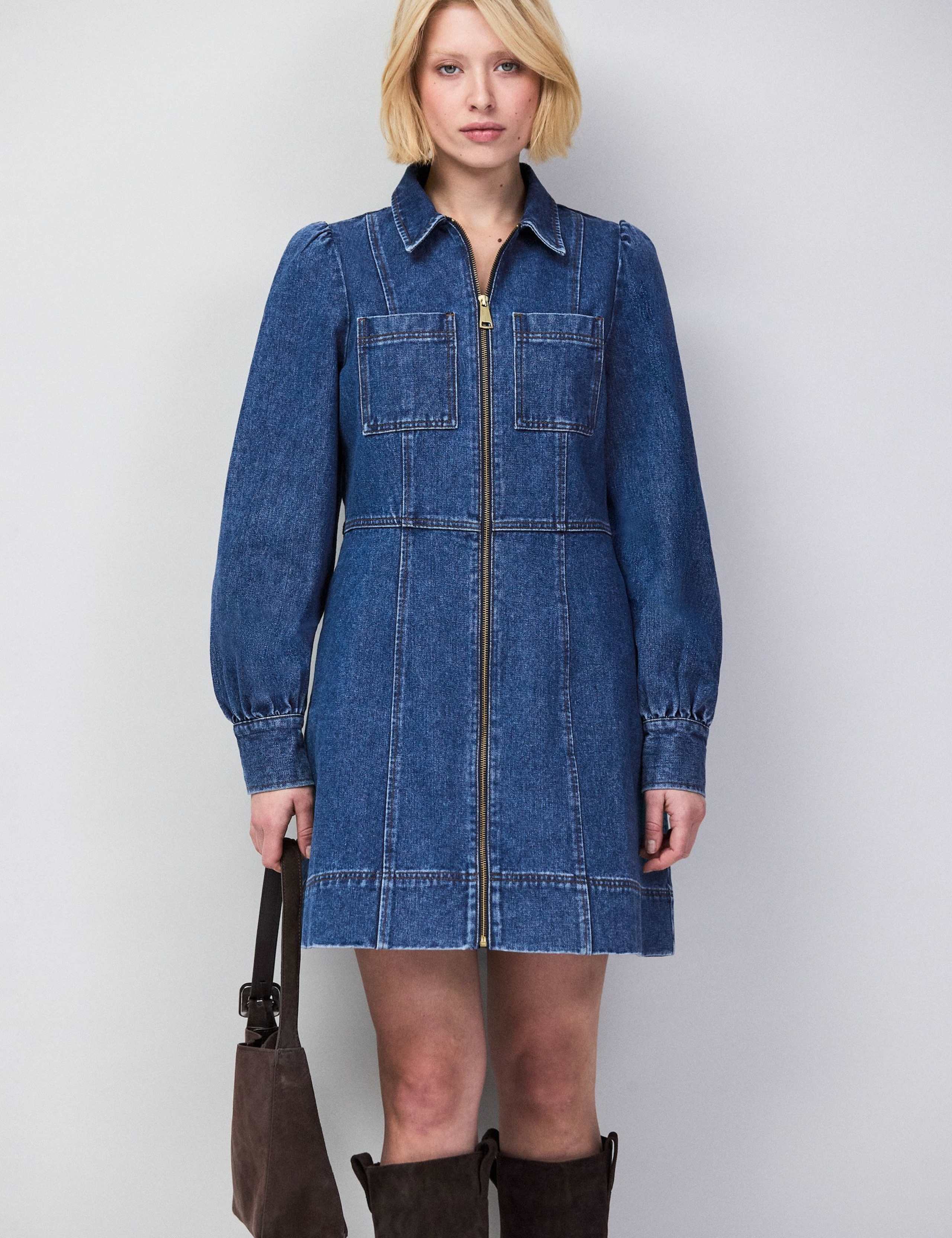 Pure Cotton Denim Zip Up Mini Waisted Dress 4 of 7