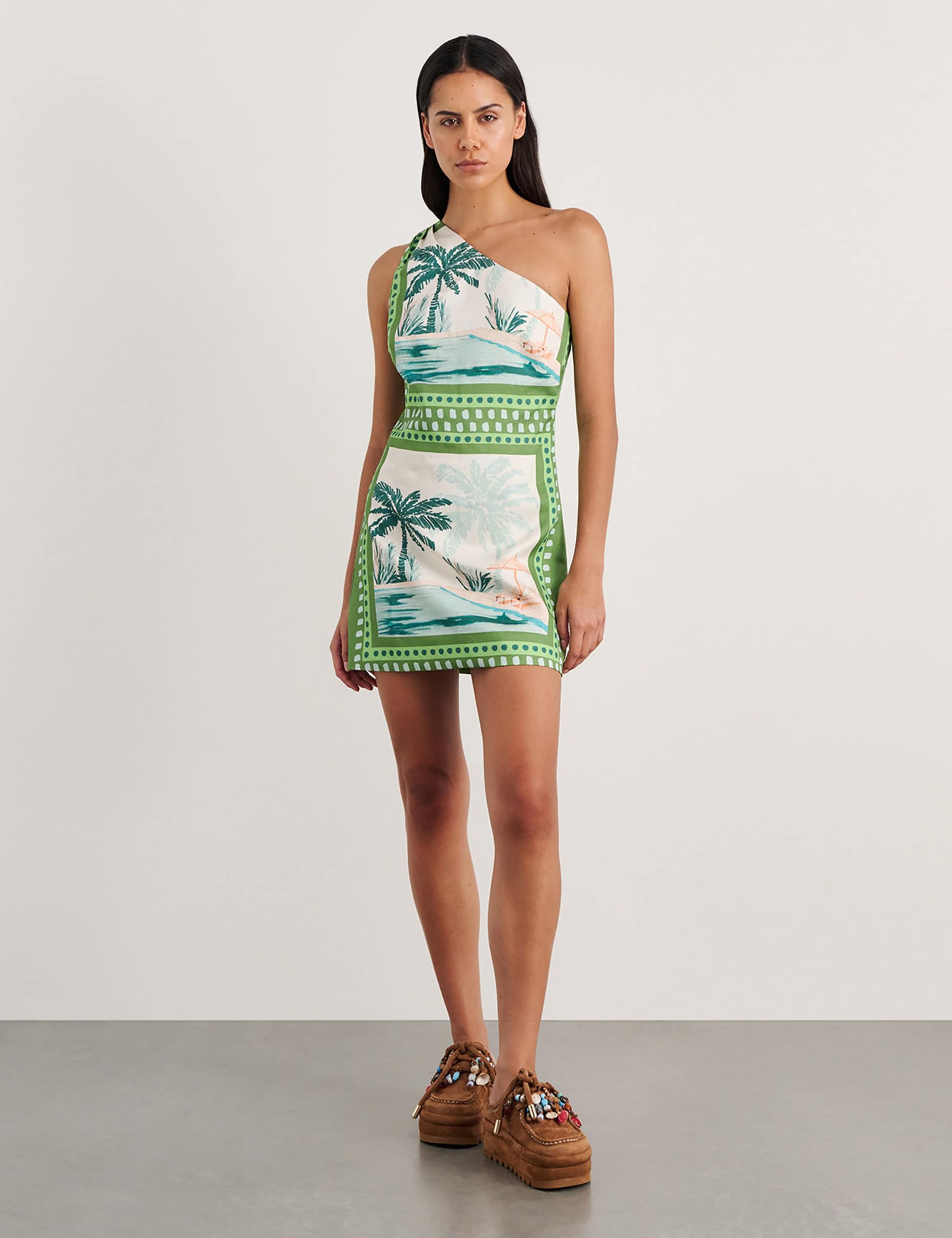 Linen Blend One Shoulder Mini Dress 2 of 6