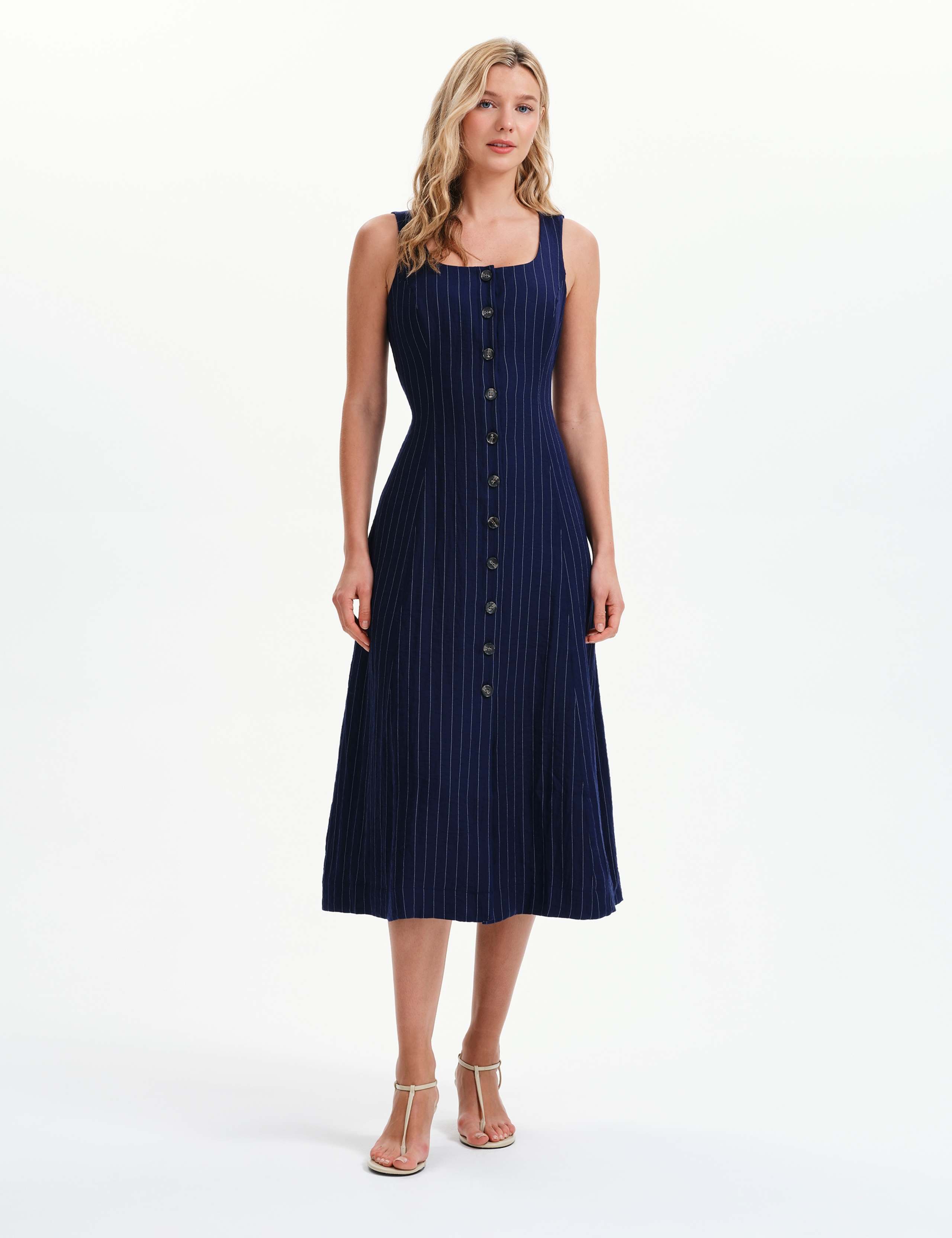 Striped Square Neck Midi Waisted Dress 1 of 8