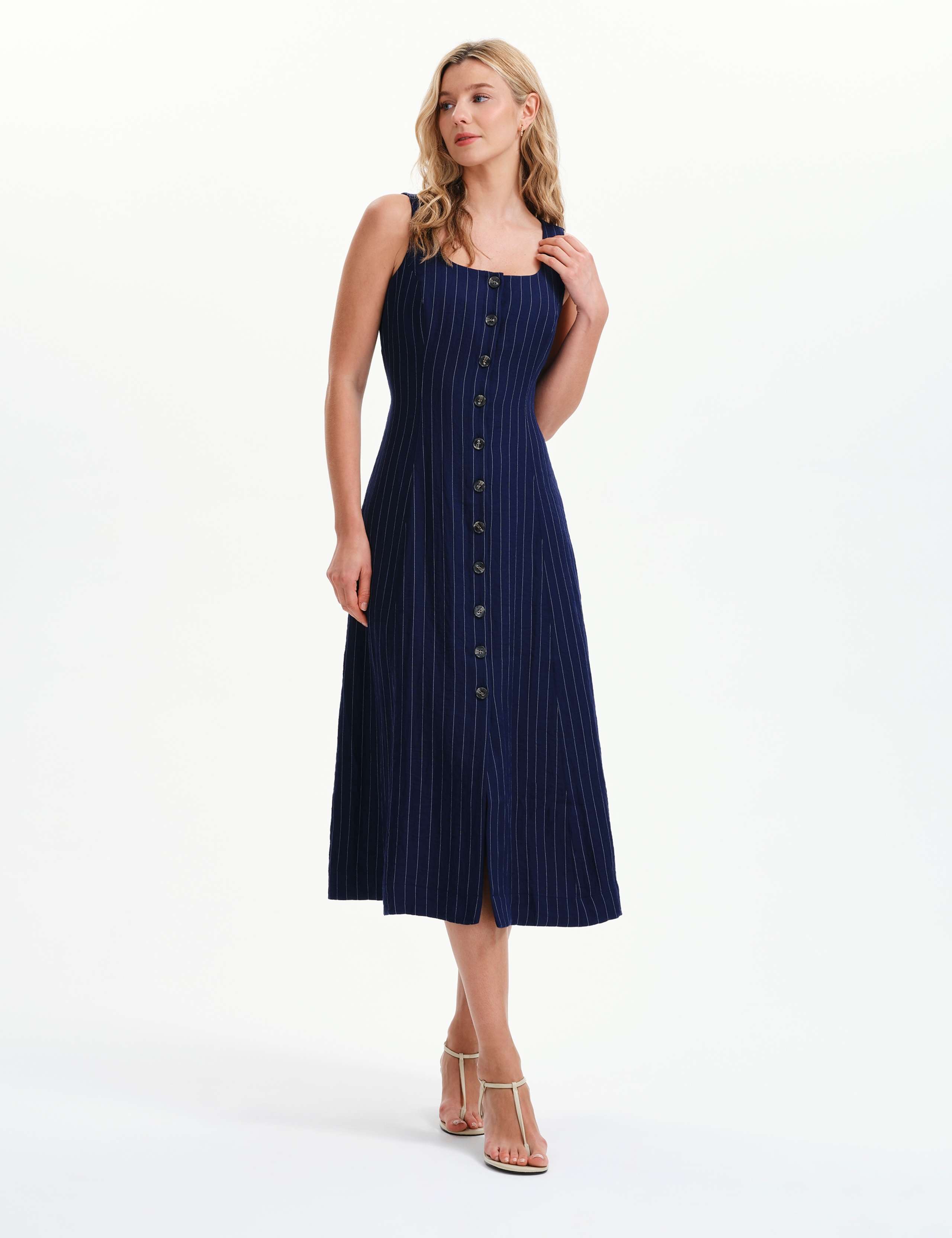 Striped Square Neck Midi Waisted Dress 2 of 8