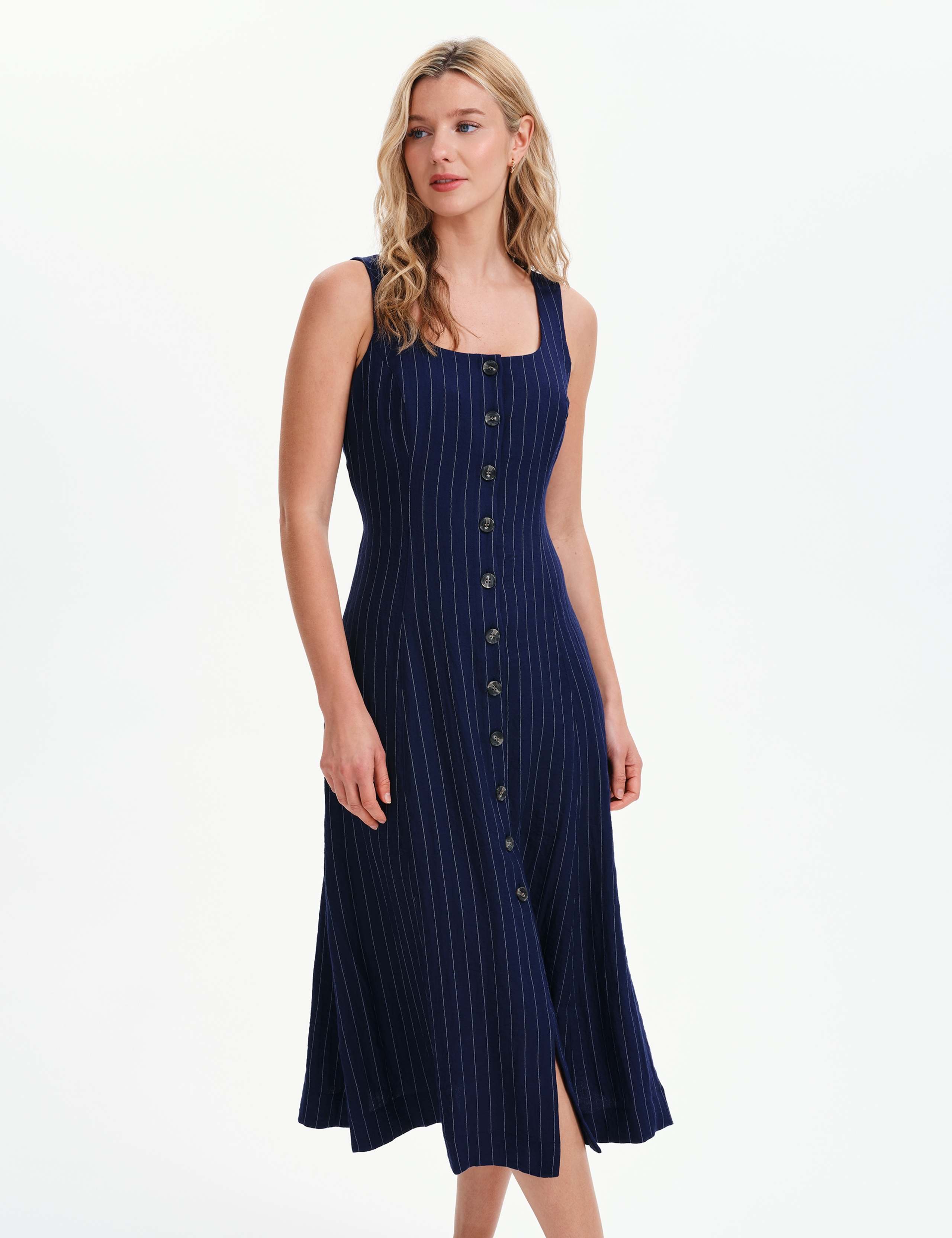 Striped Square Neck Midi Waisted Dress 3 of 8