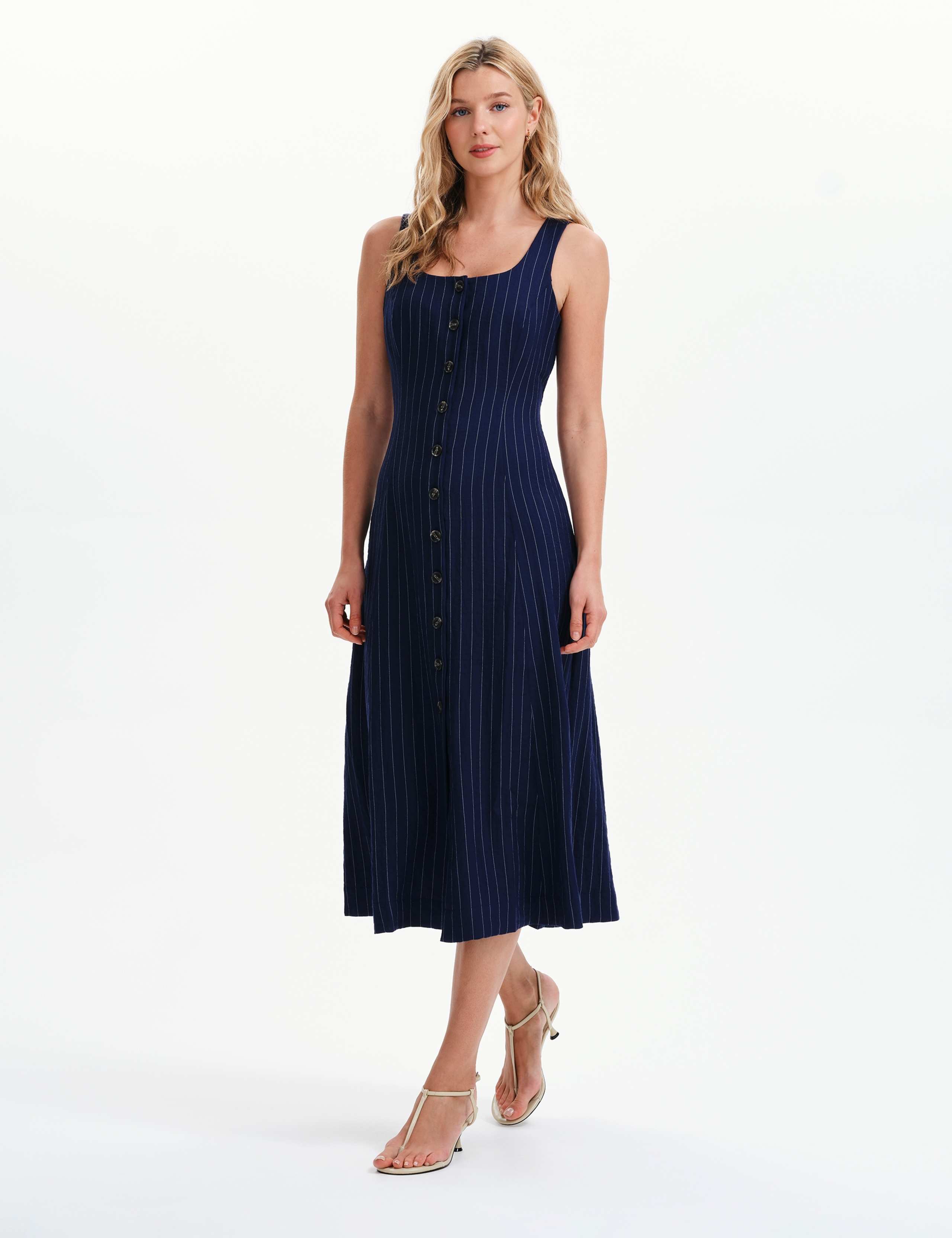 Striped Square Neck Midi Waisted Dress 4 of 8
