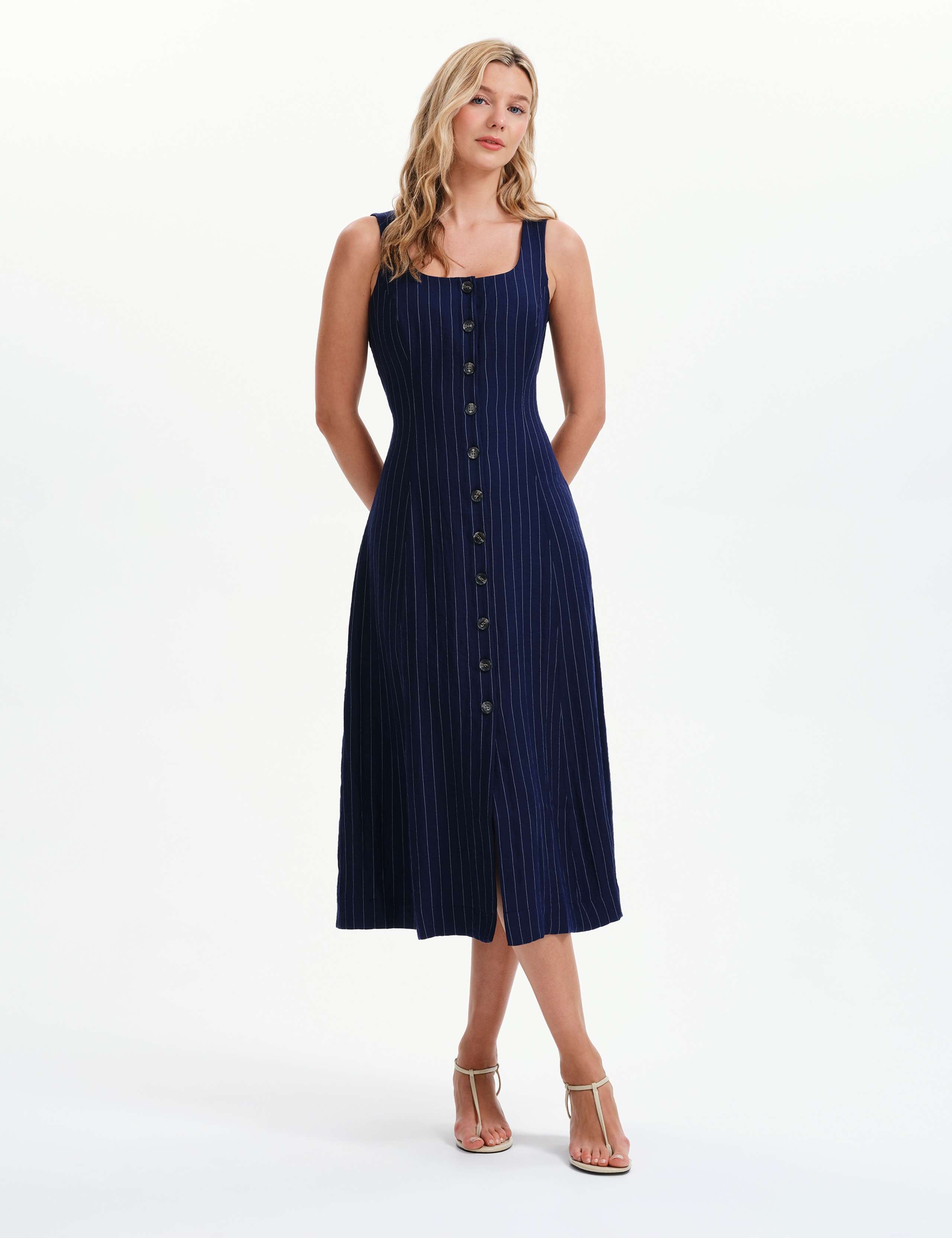 Striped Square Neck Midi Waisted Dress 5 of 8