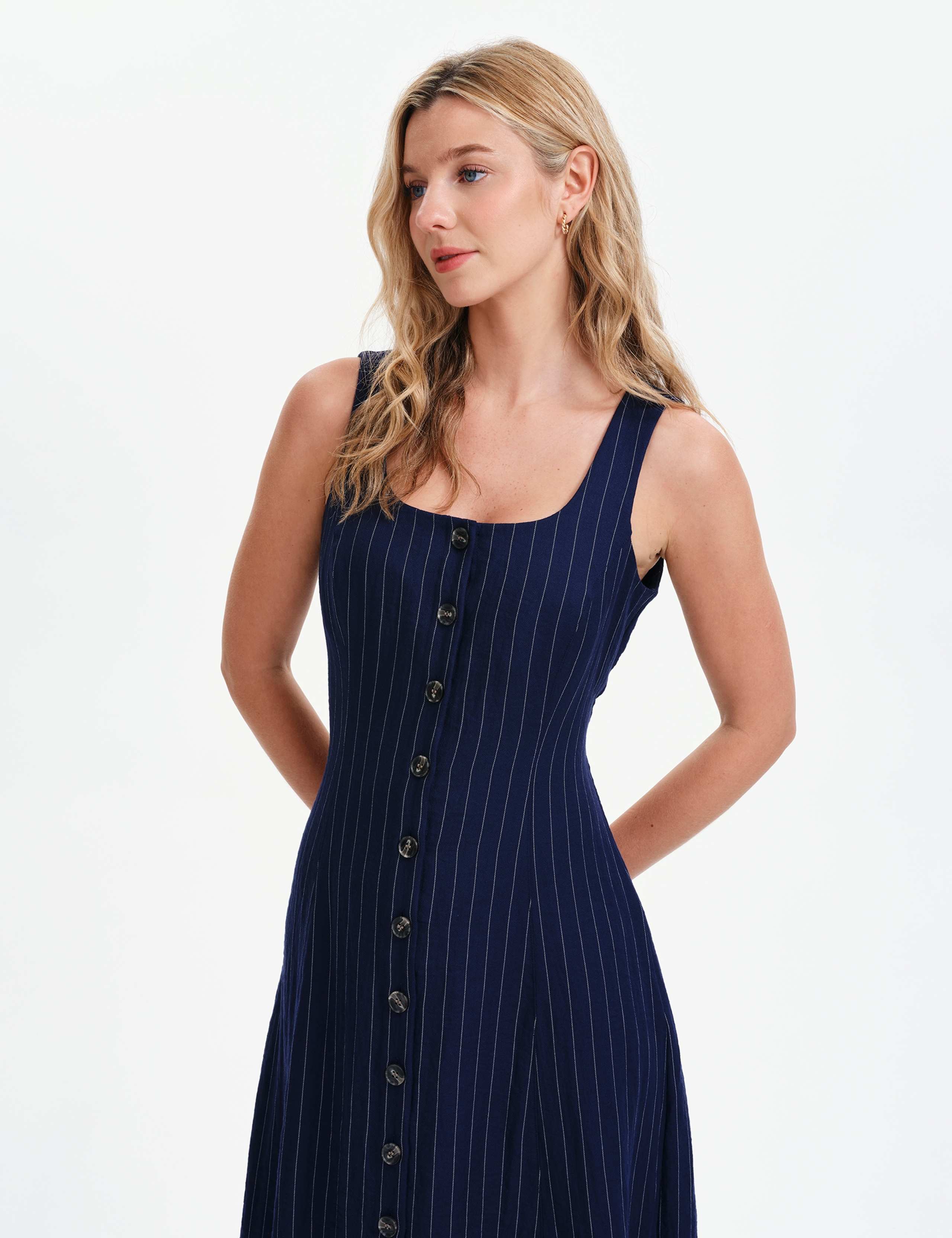 Striped Square Neck Midi Waisted Dress 6 of 8