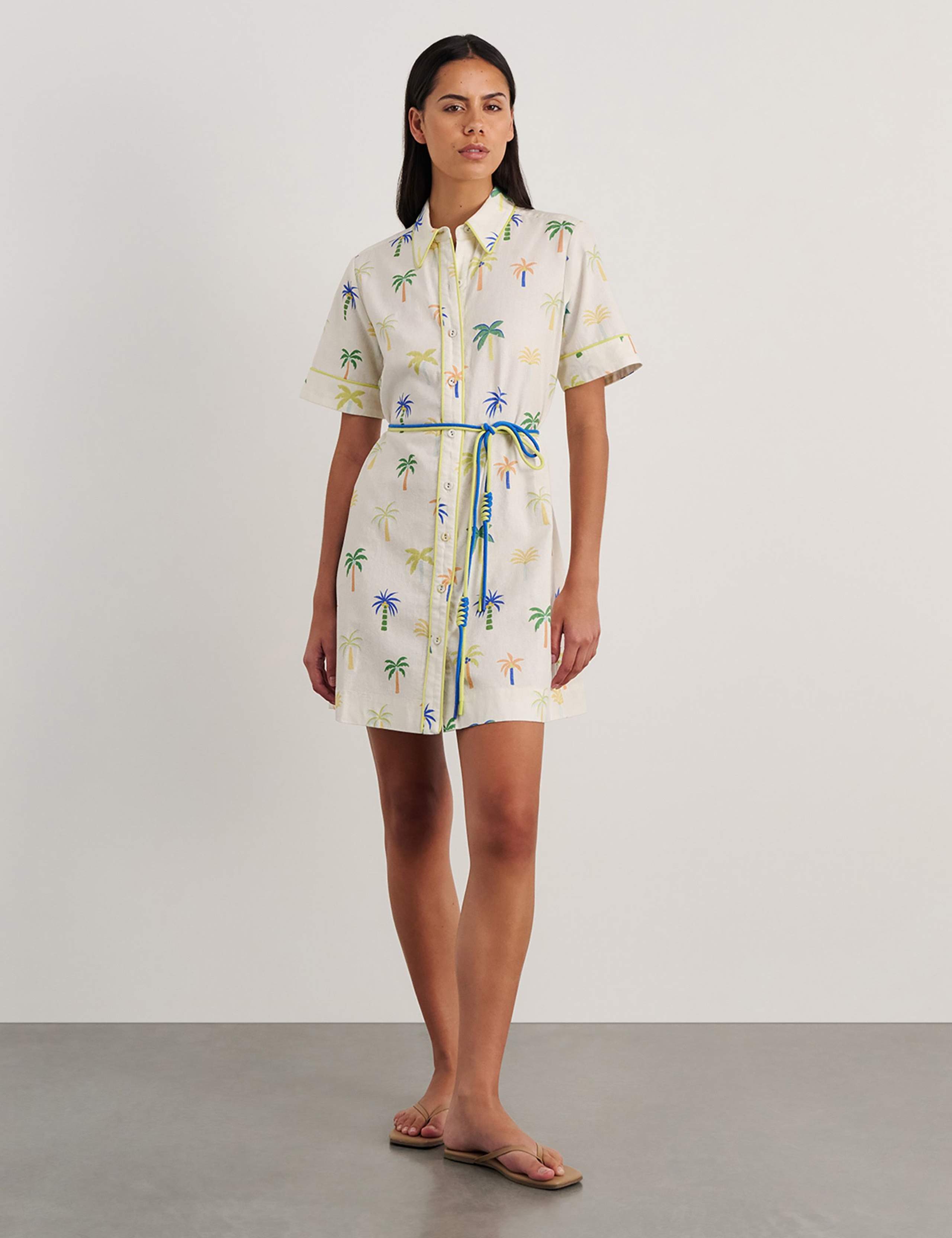 Linen Rich Palm Tree Mini Shirt Dress 2 of 7