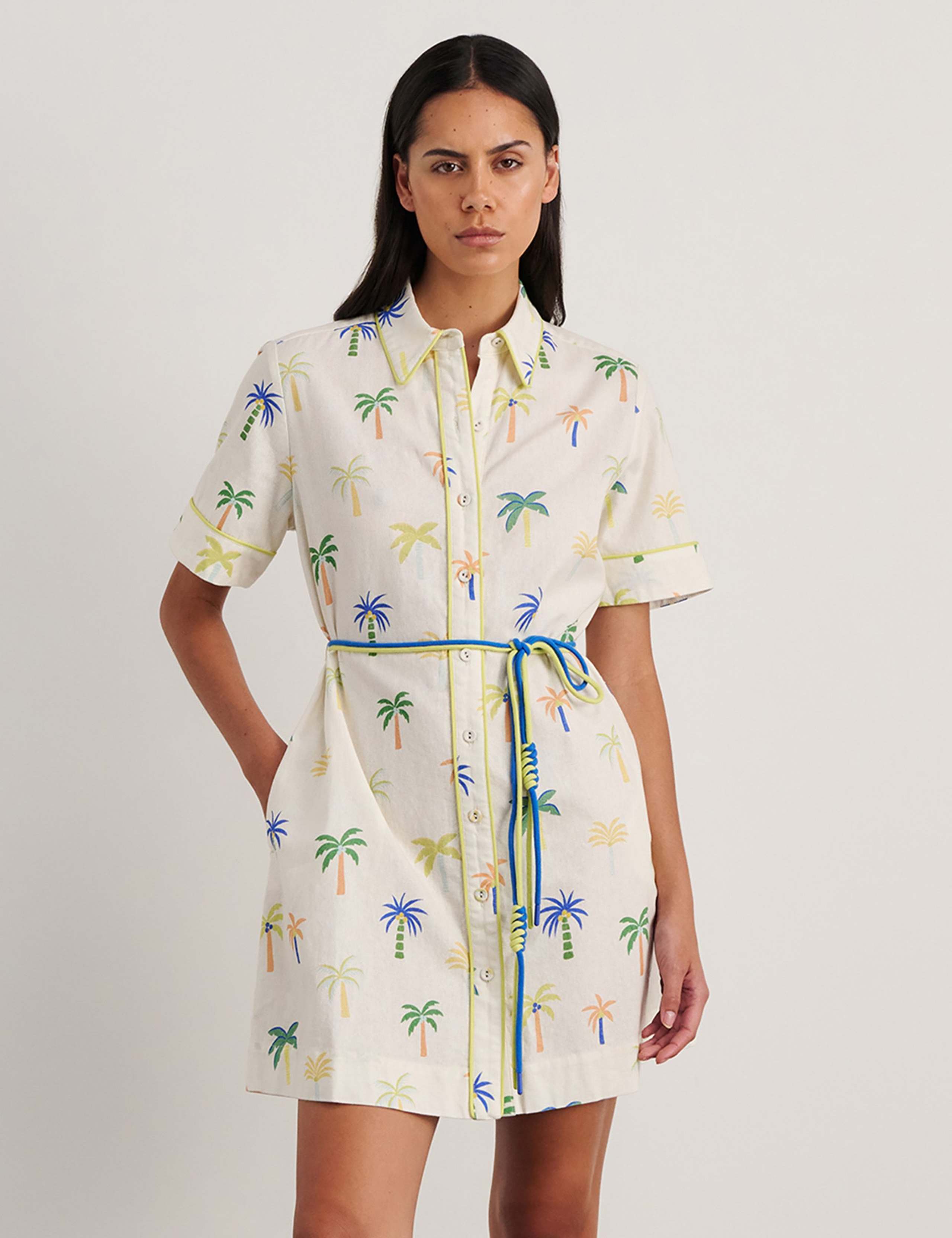 Linen Rich Palm Tree Mini Shirt Dress 3 of 7