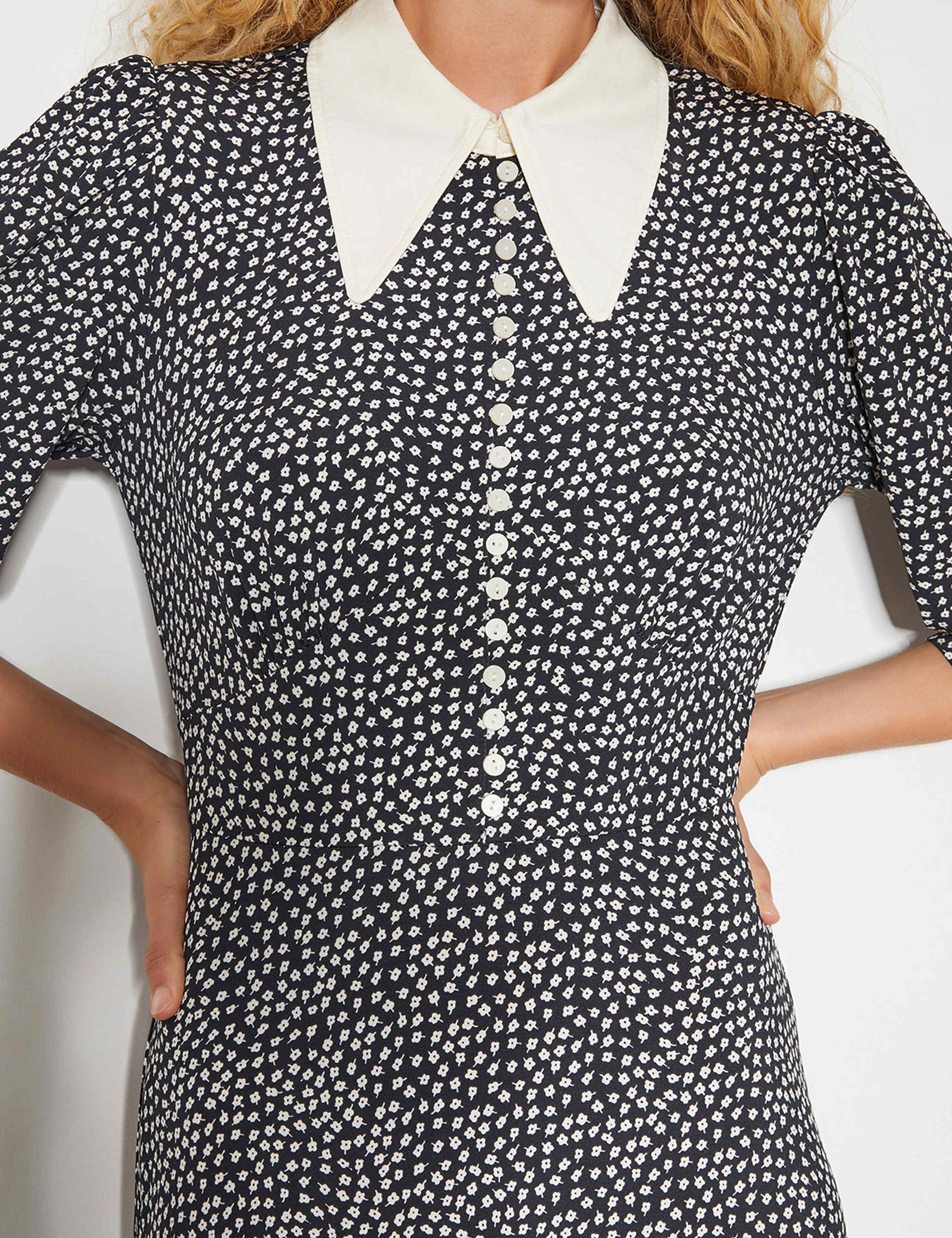 Jersey Ditsy Floral Collared Midi Shirt Dress 3 of 6