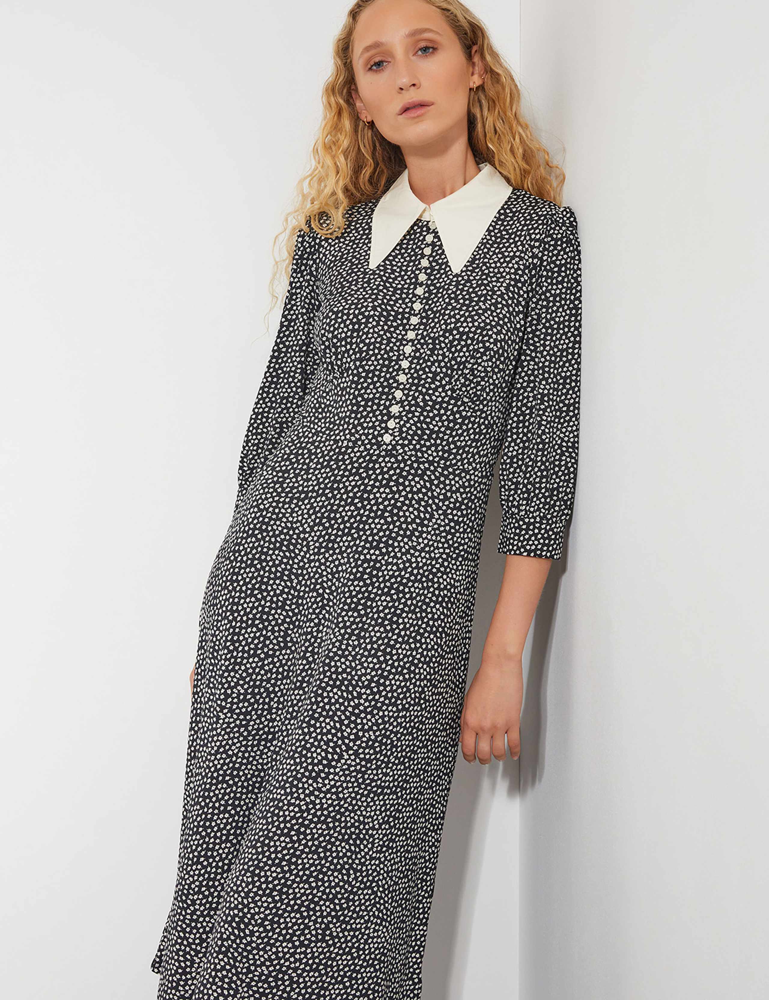 Jersey Ditsy Floral Collared Midi Shirt Dress 5 of 6