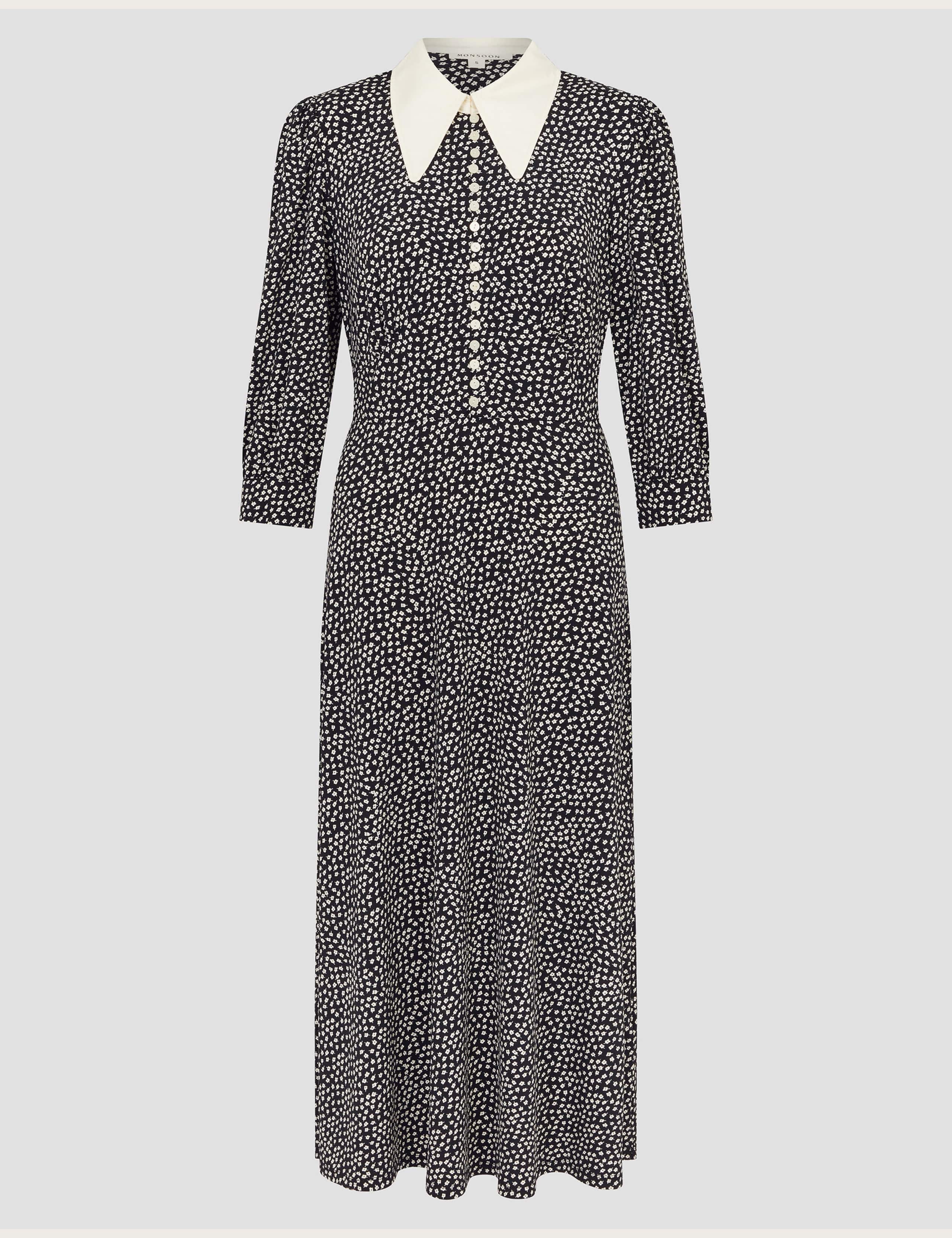 Jersey Ditsy Floral Collared Midi Shirt Dress 2 of 6