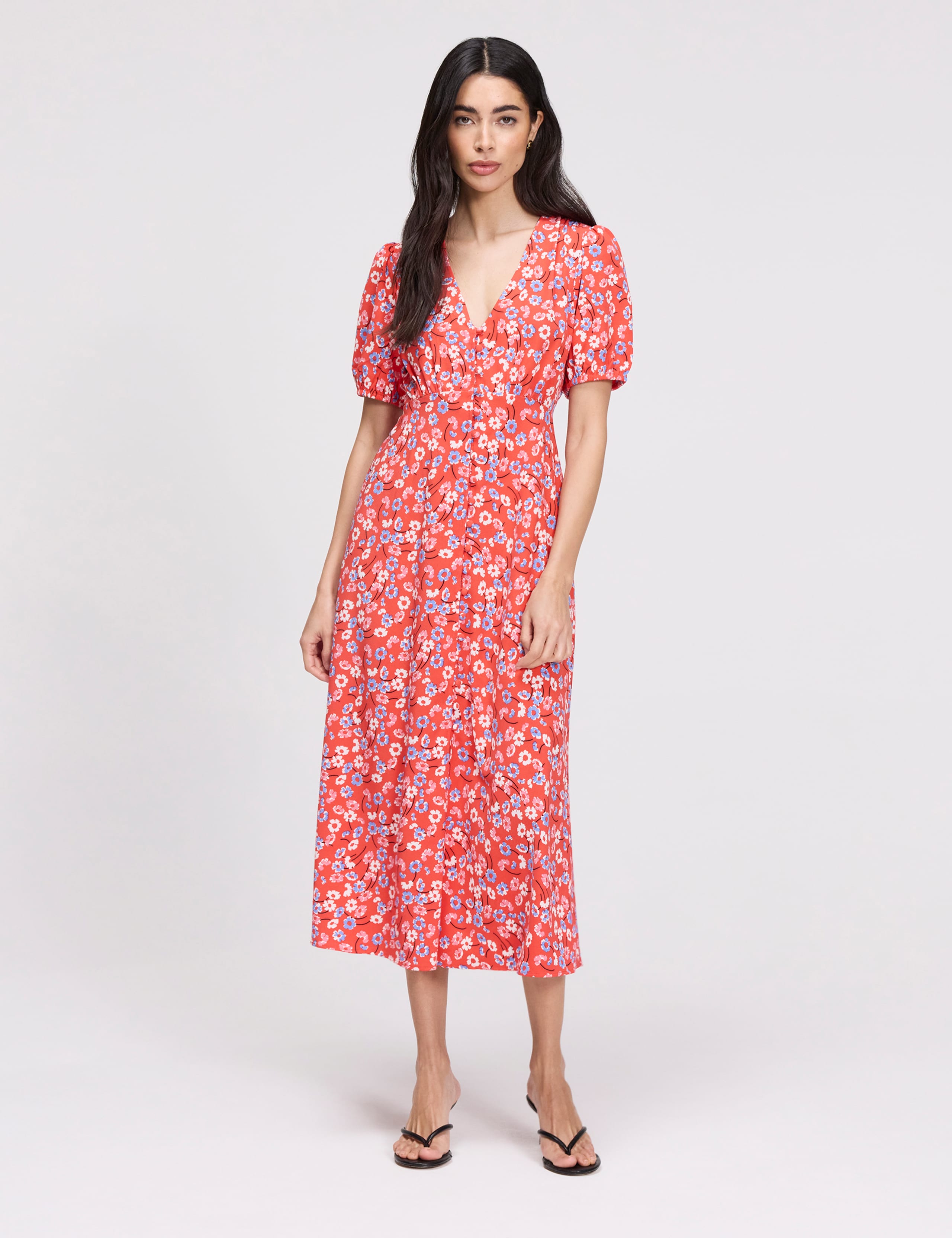 Floral Button Through Midi Waisted Dress 1 of 8