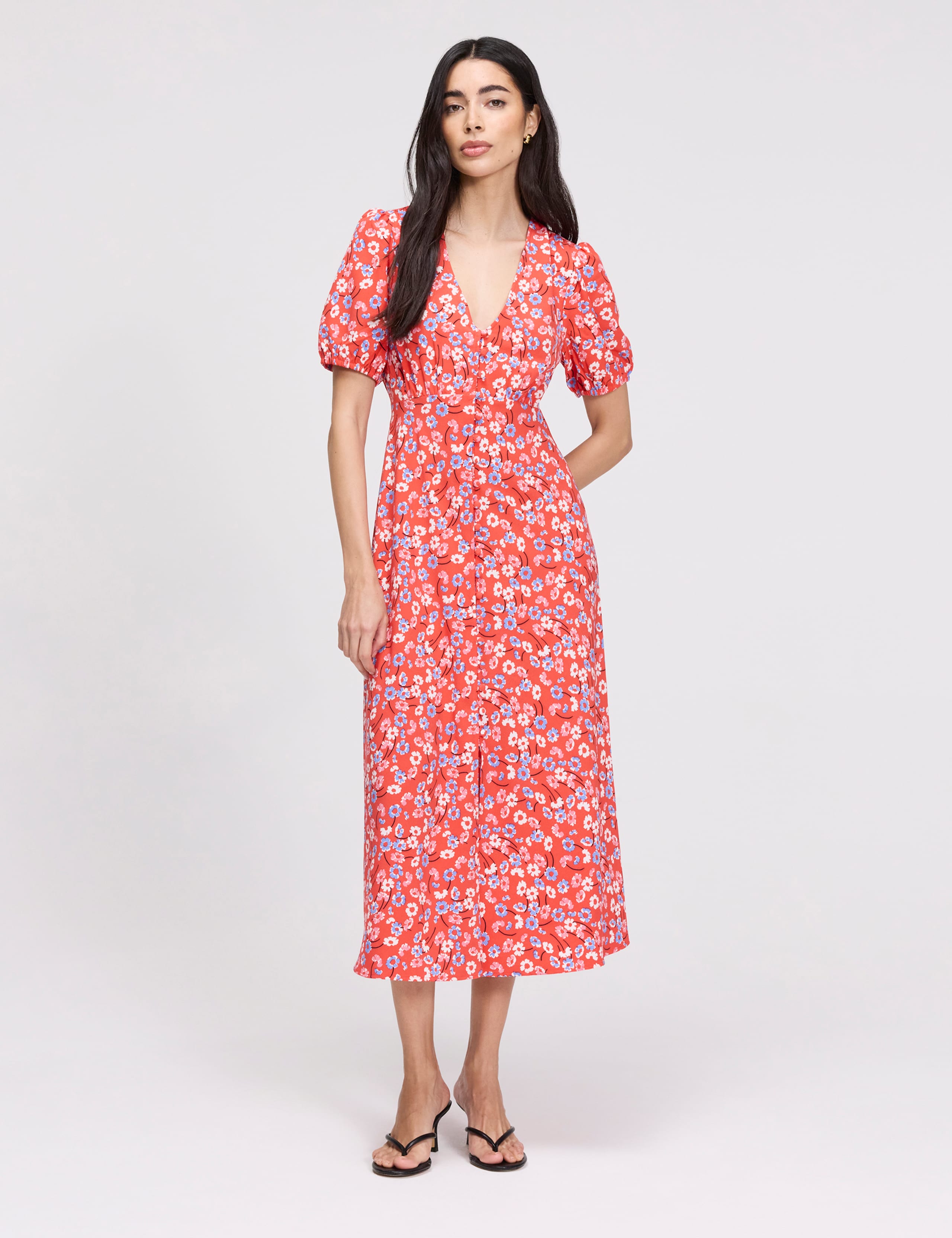 Floral Button Through Midi Waisted Dress 2 of 8