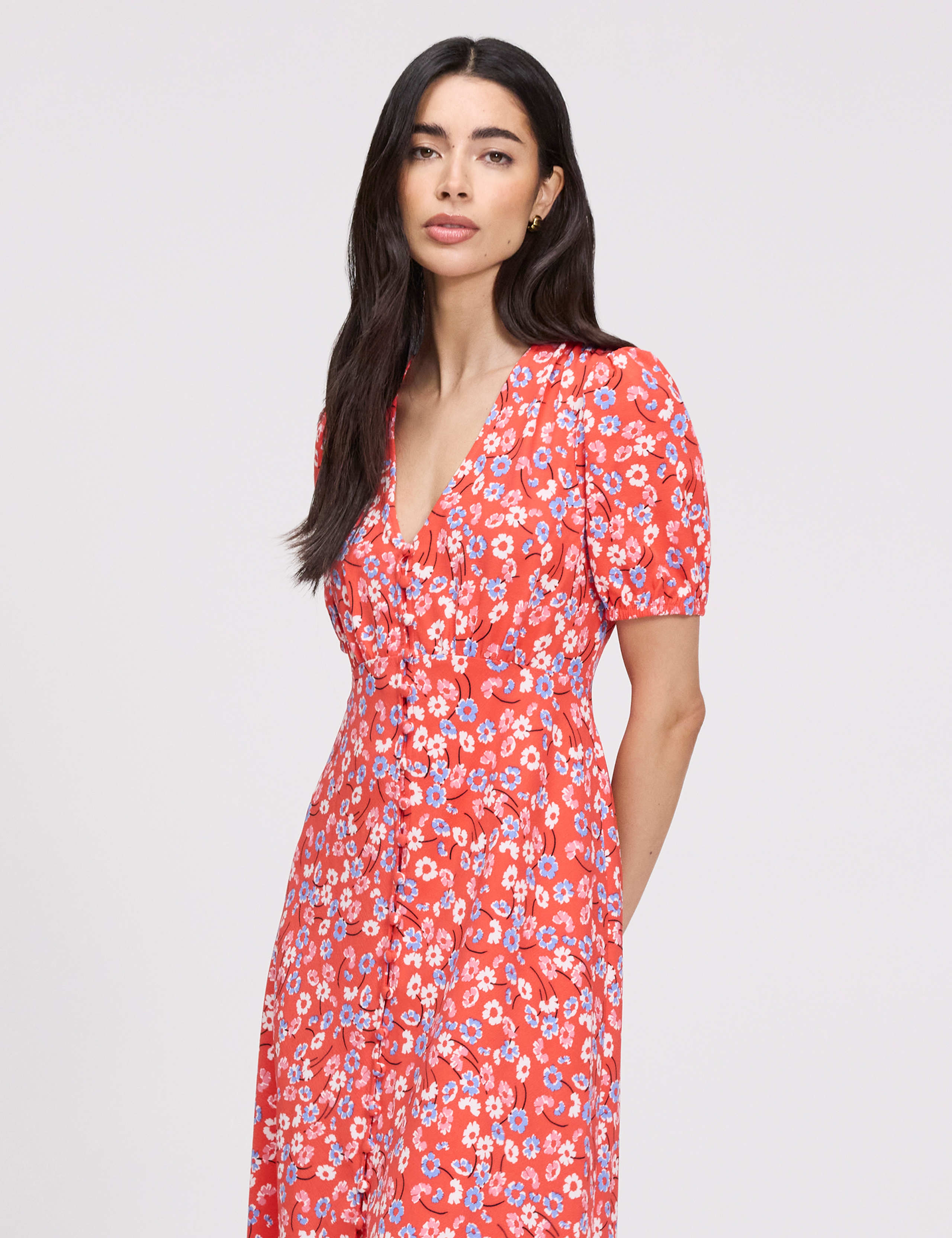 Floral Button Through Midi Waisted Dress 3 of 8