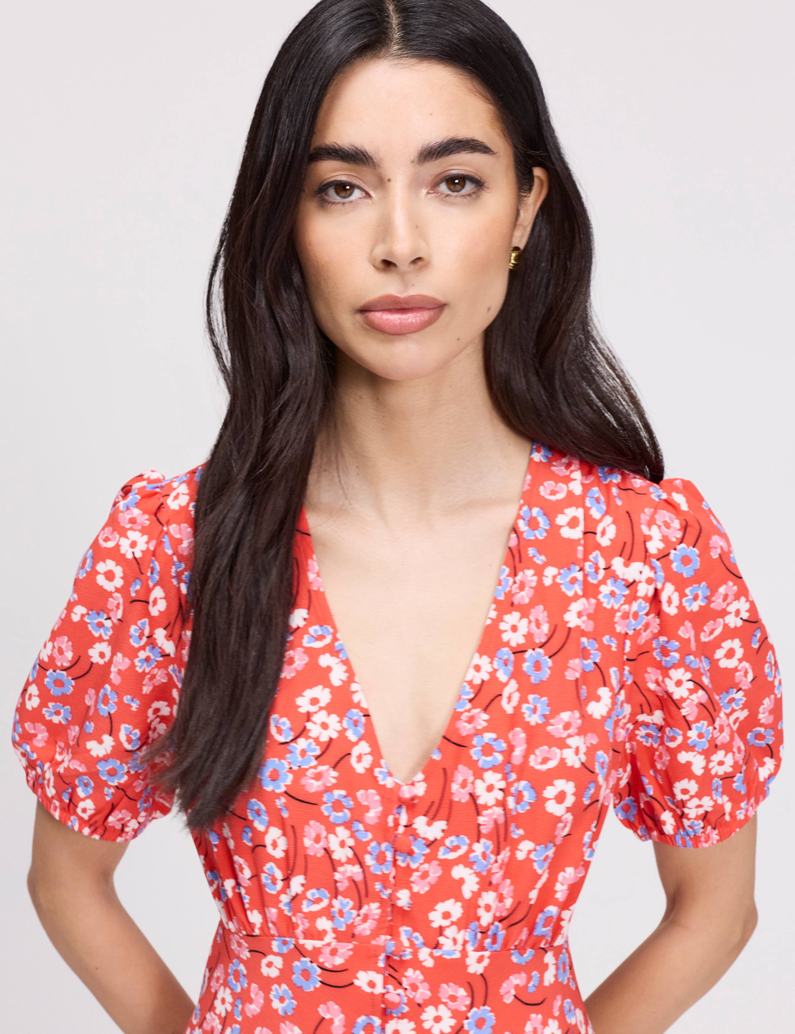 Floral Button Through Midi Waisted Dress 4 of 8