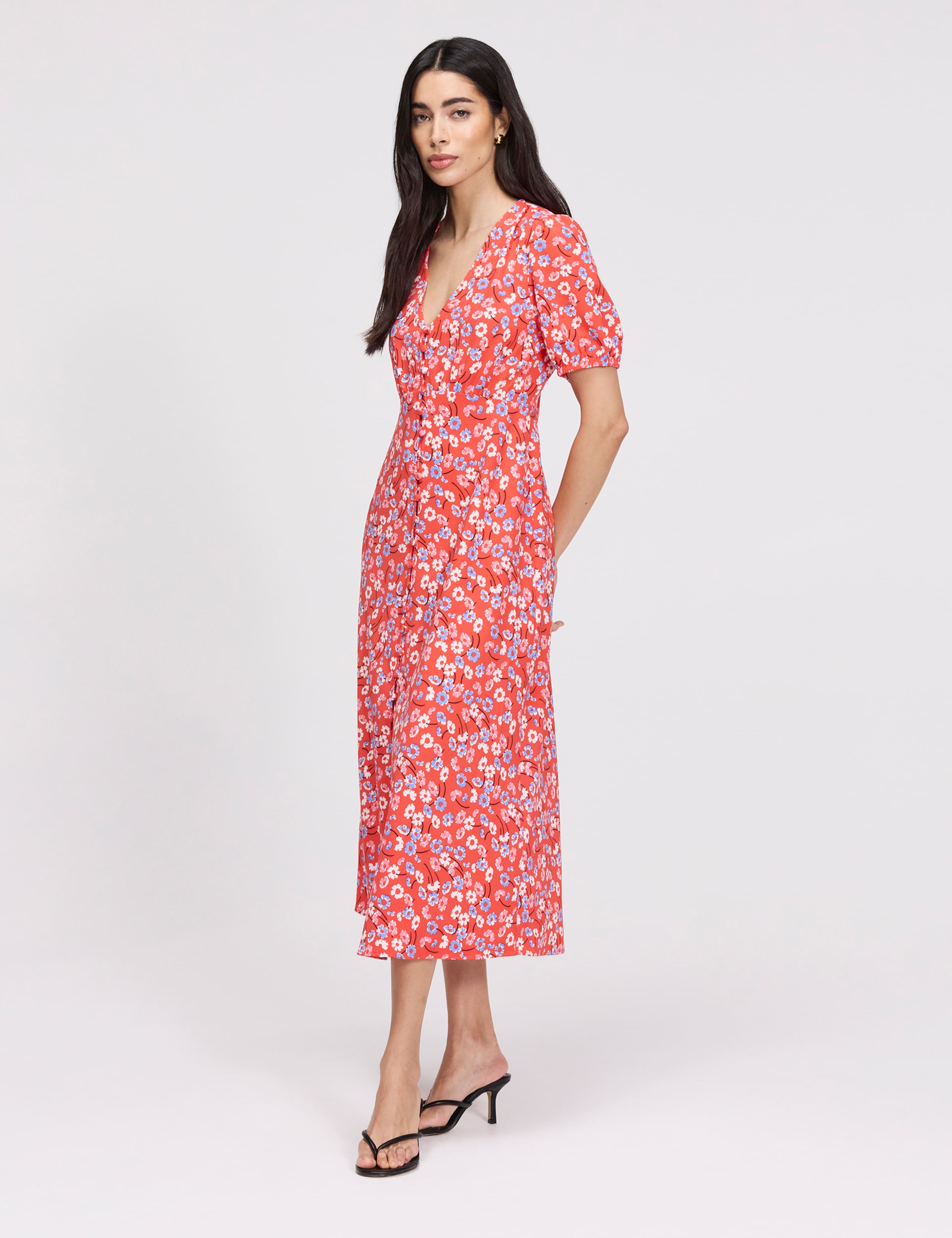Floral Button Through Midi Waisted Dress 5 of 8