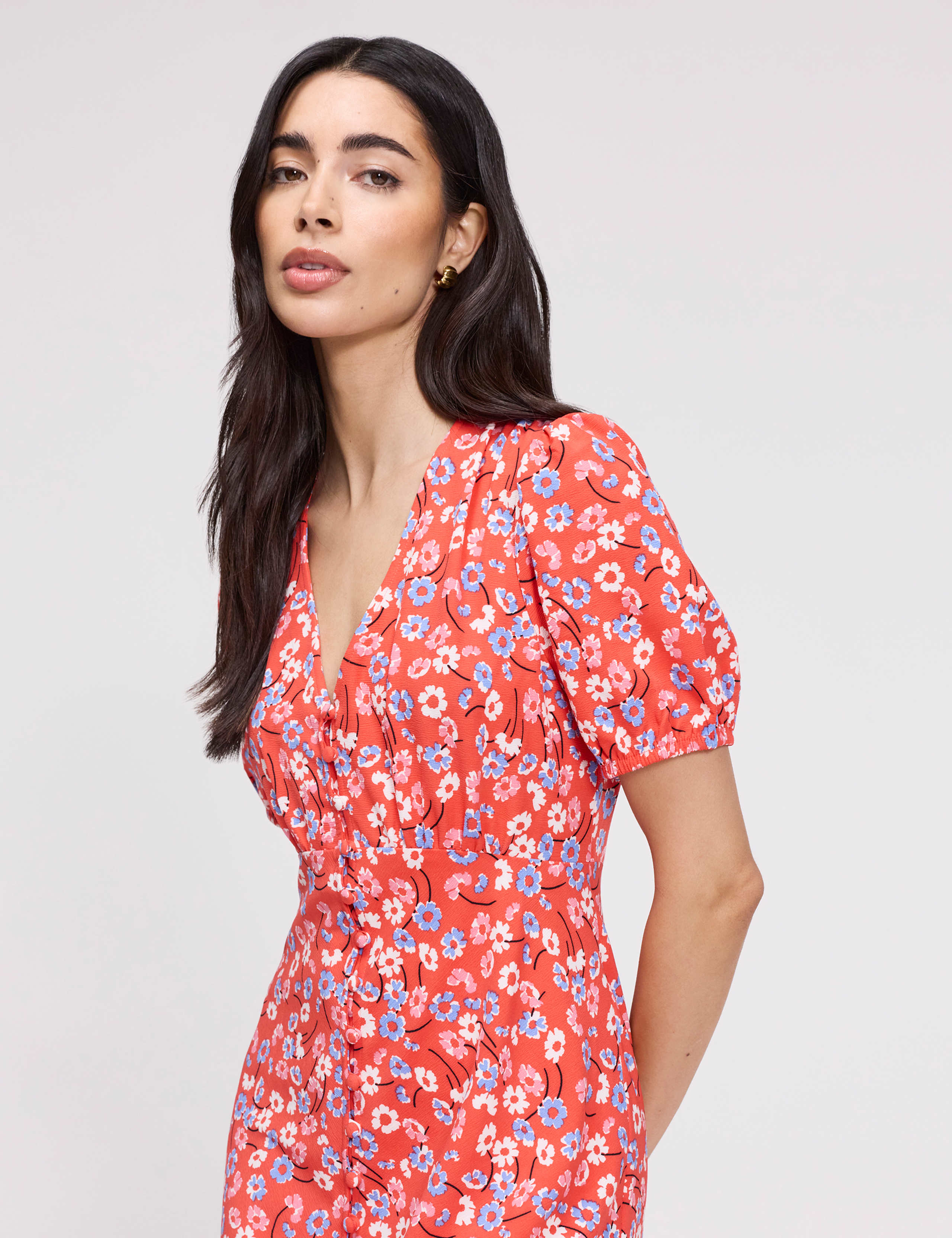 Floral Button Through Midi Waisted Dress 6 of 8