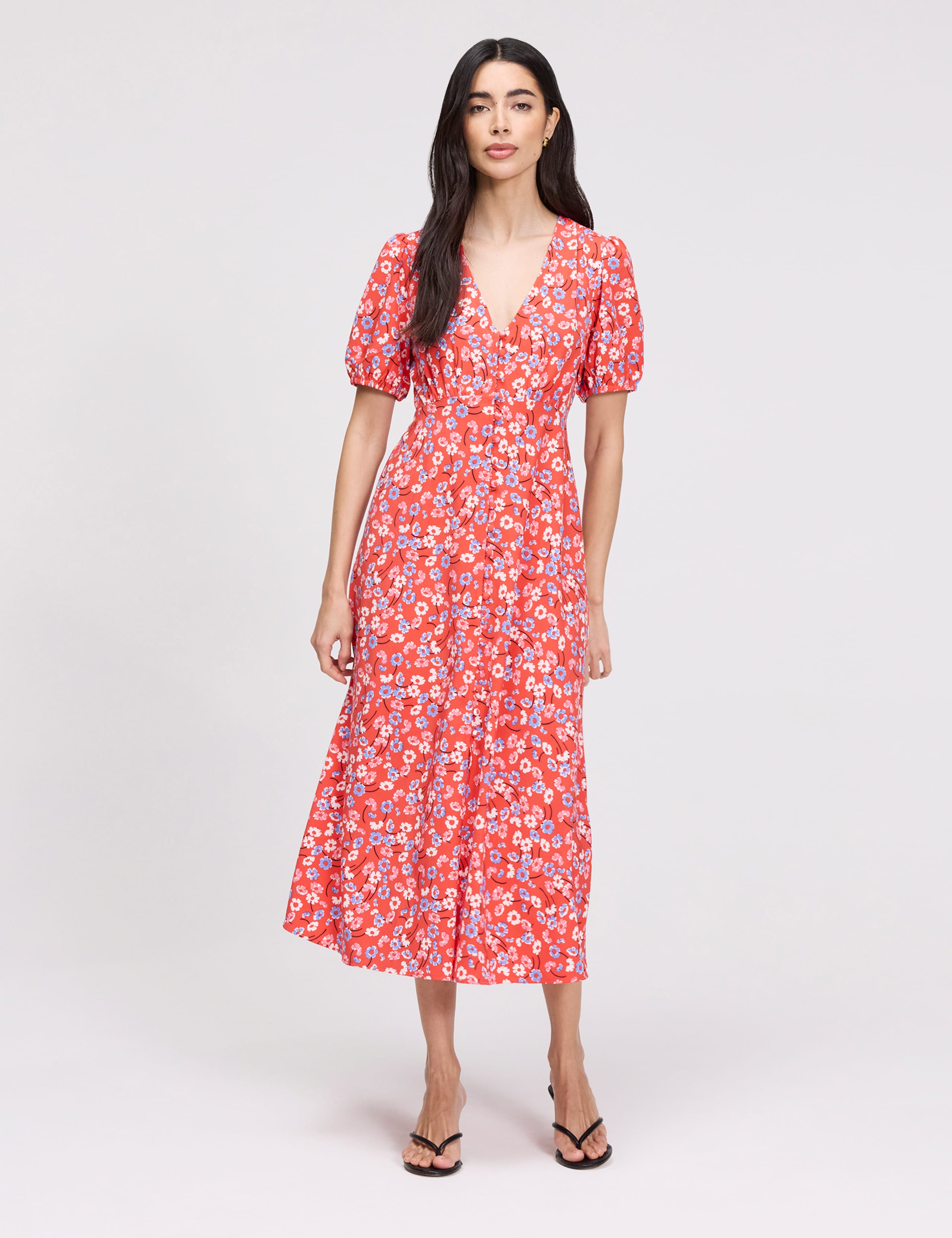 Floral Button Through Midi Waisted Dress 7 of 8