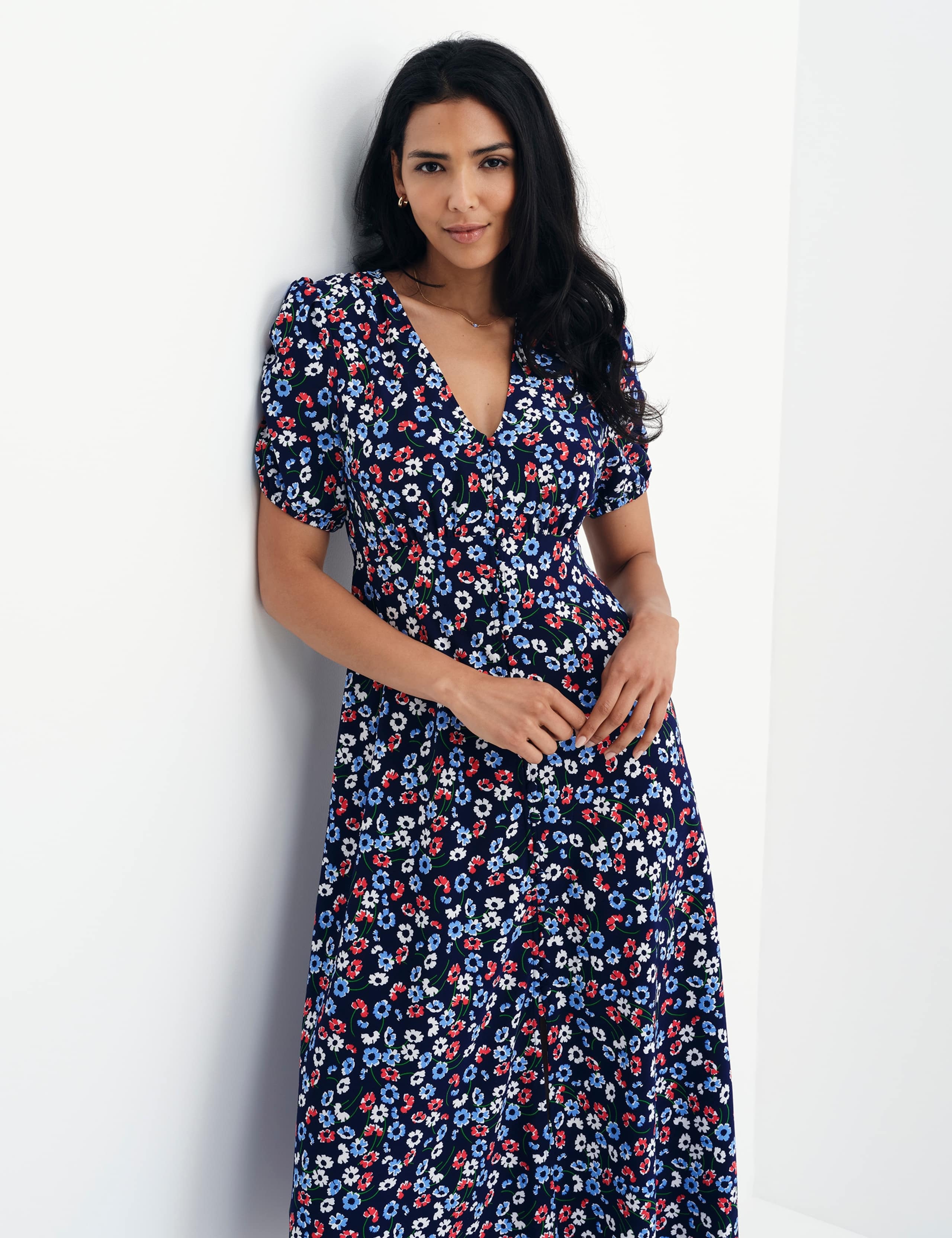 Floral Button Through Midi Waisted Dress 11 of 13